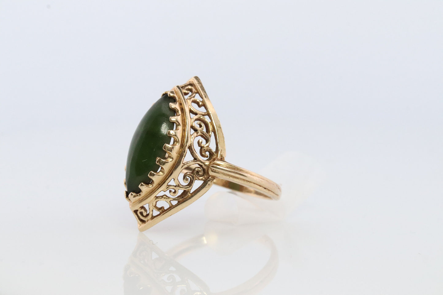14k Dark Green Jade Jadeite ring. Marquise cut green Jade cabochon ring. Open Filigree Scrollwork ring.