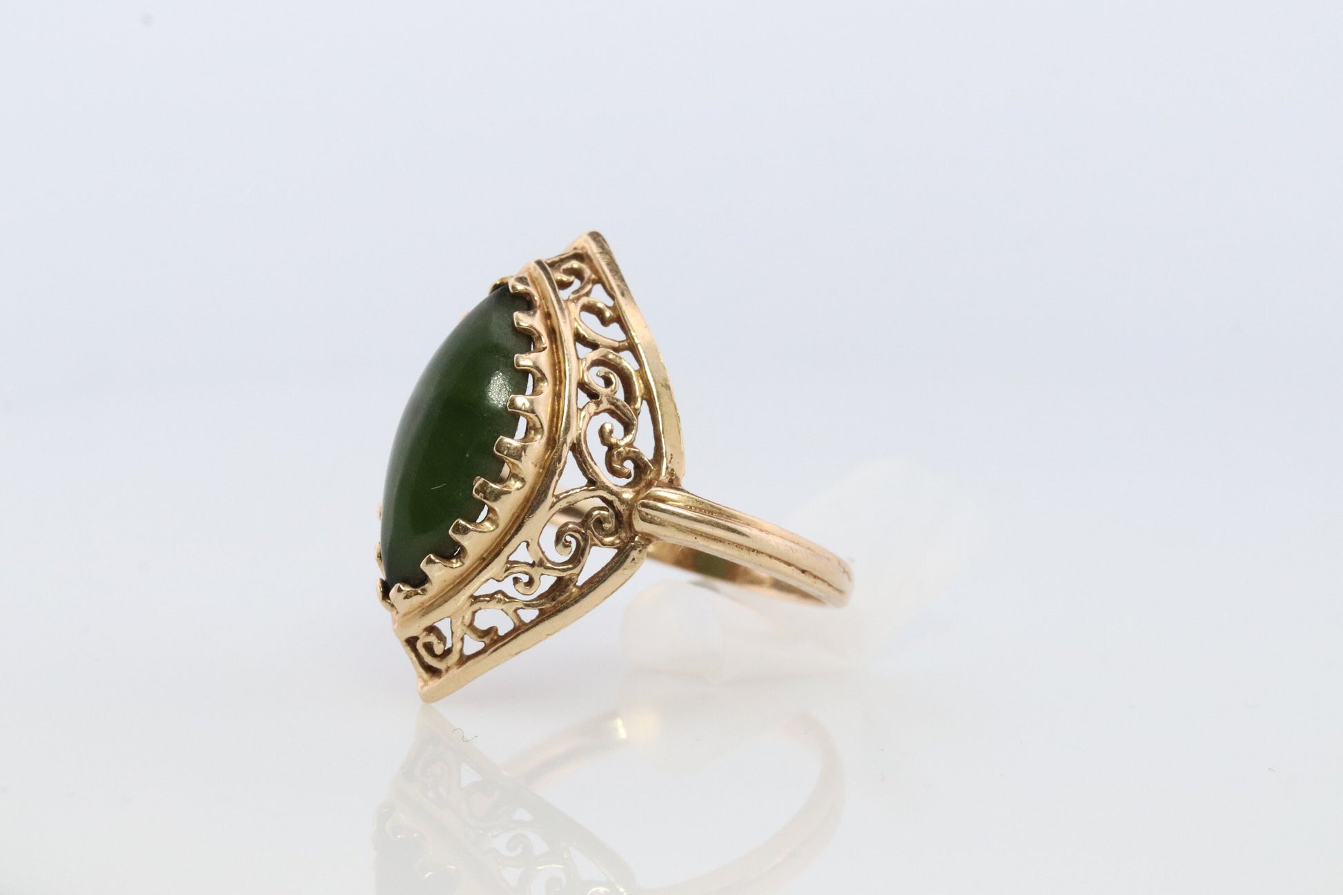 14k Dark Green Jade Jadeite ring. Marquise cut green Jade cabochon ring. Open Filigree Scrollwork ring.
