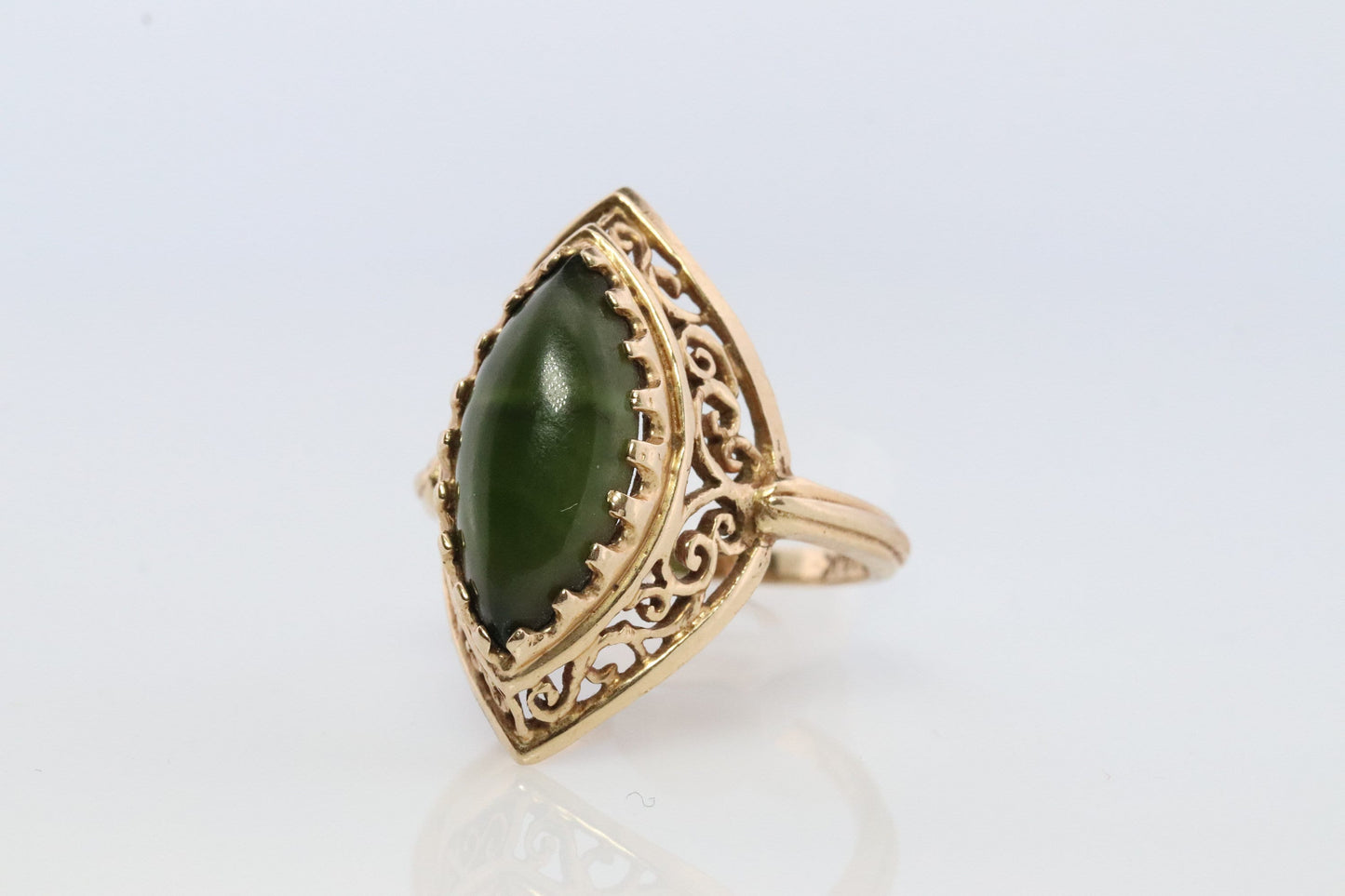 14k Dark Green Jade Jadeite ring. Marquise cut green Jade cabochon ring. Open Filigree Scrollwork ring.