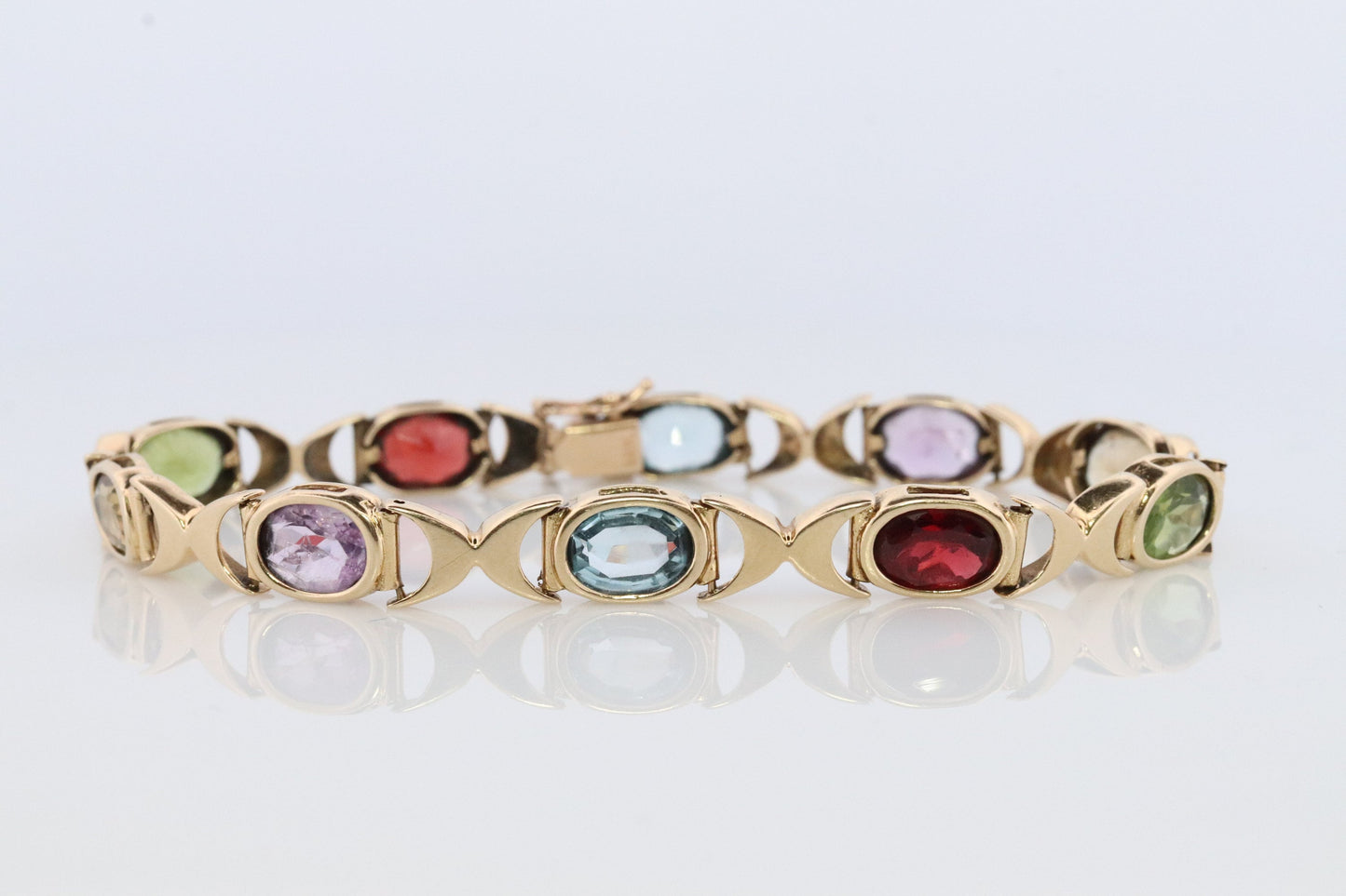 14k Multi-Color Gem XOXO Chain Bracelet. 14k Chain Bezel Bracelet. Citrine Amethyst Garnet Peridot