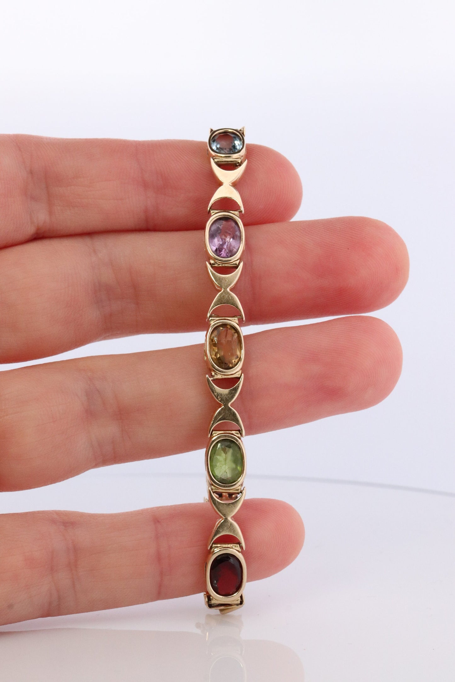 14k Multi-Color Gem XOXO Chain Bracelet. 14k Chain Bezel Bracelet. Citrine Amethyst Garnet Peridot