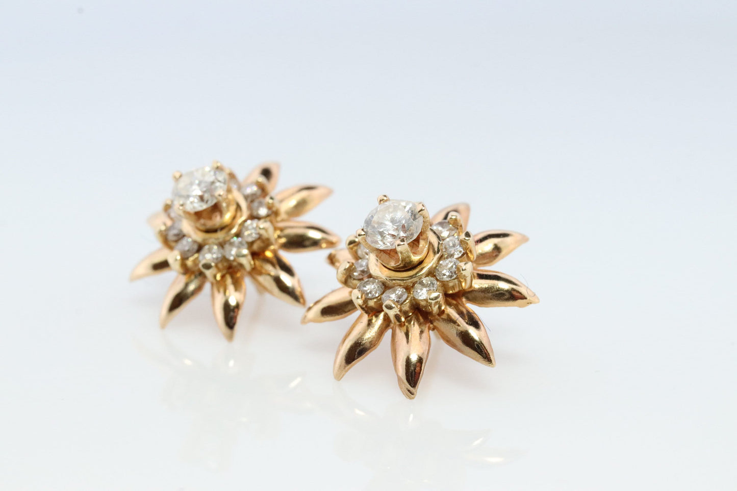 14k Diamond Flower Cluster Earrings. 1.1ctw Diamond Daisy stud earrings. Diamond Halo Layered design. Earrings jackets.