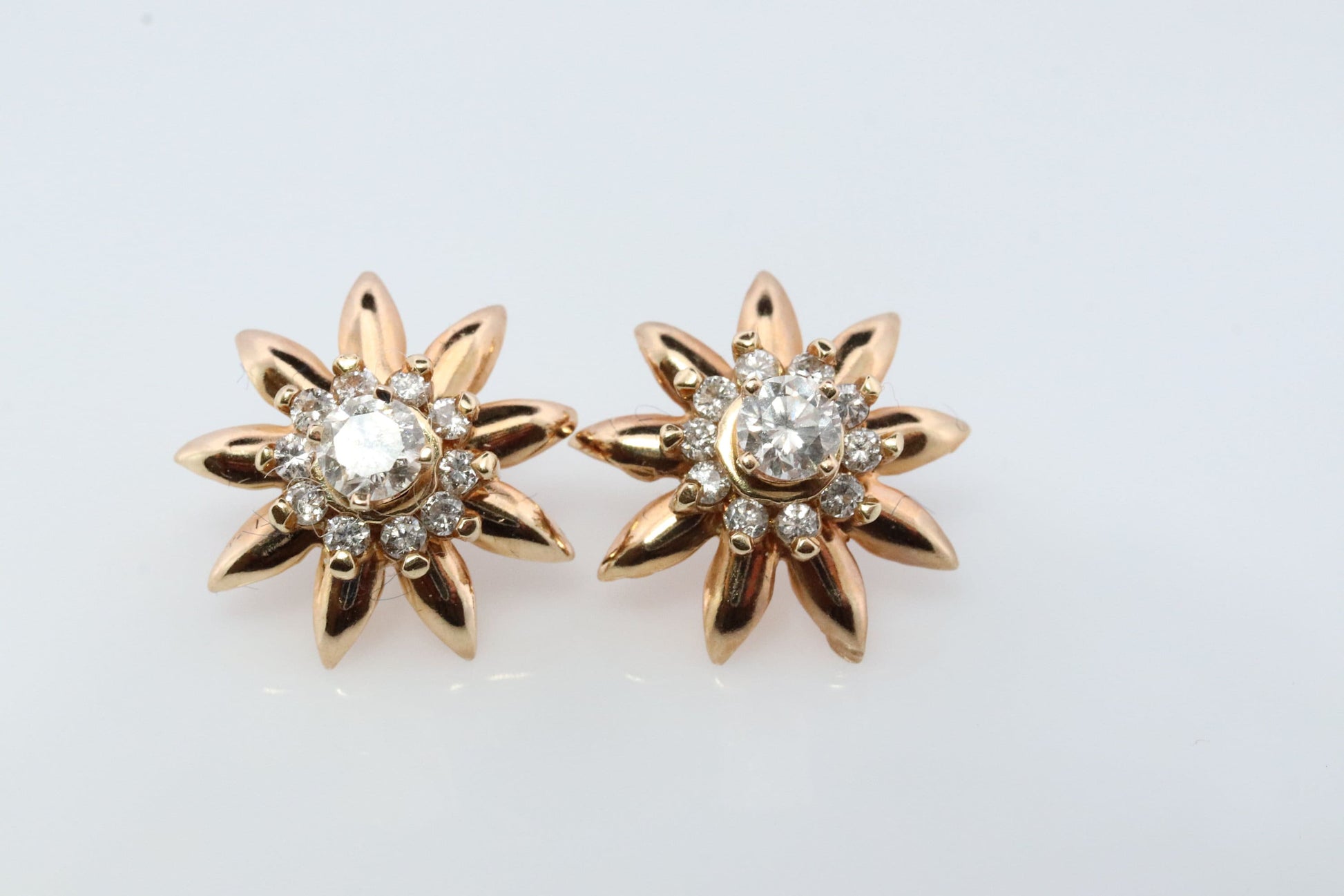 14k Diamond Flower Cluster Earrings. 1.1ctw Diamond Daisy stud earrings. Diamond Halo Layered design. Earrings jackets.