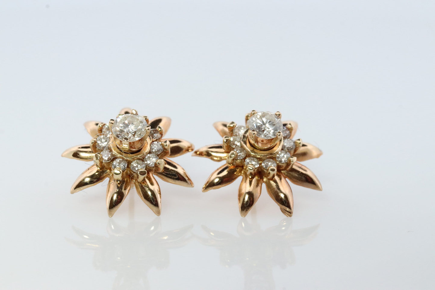 14k Diamond Flower Cluster Earrings. 1.1ctw Diamond Daisy stud earrings. Diamond Halo Layered design. Earrings jackets.