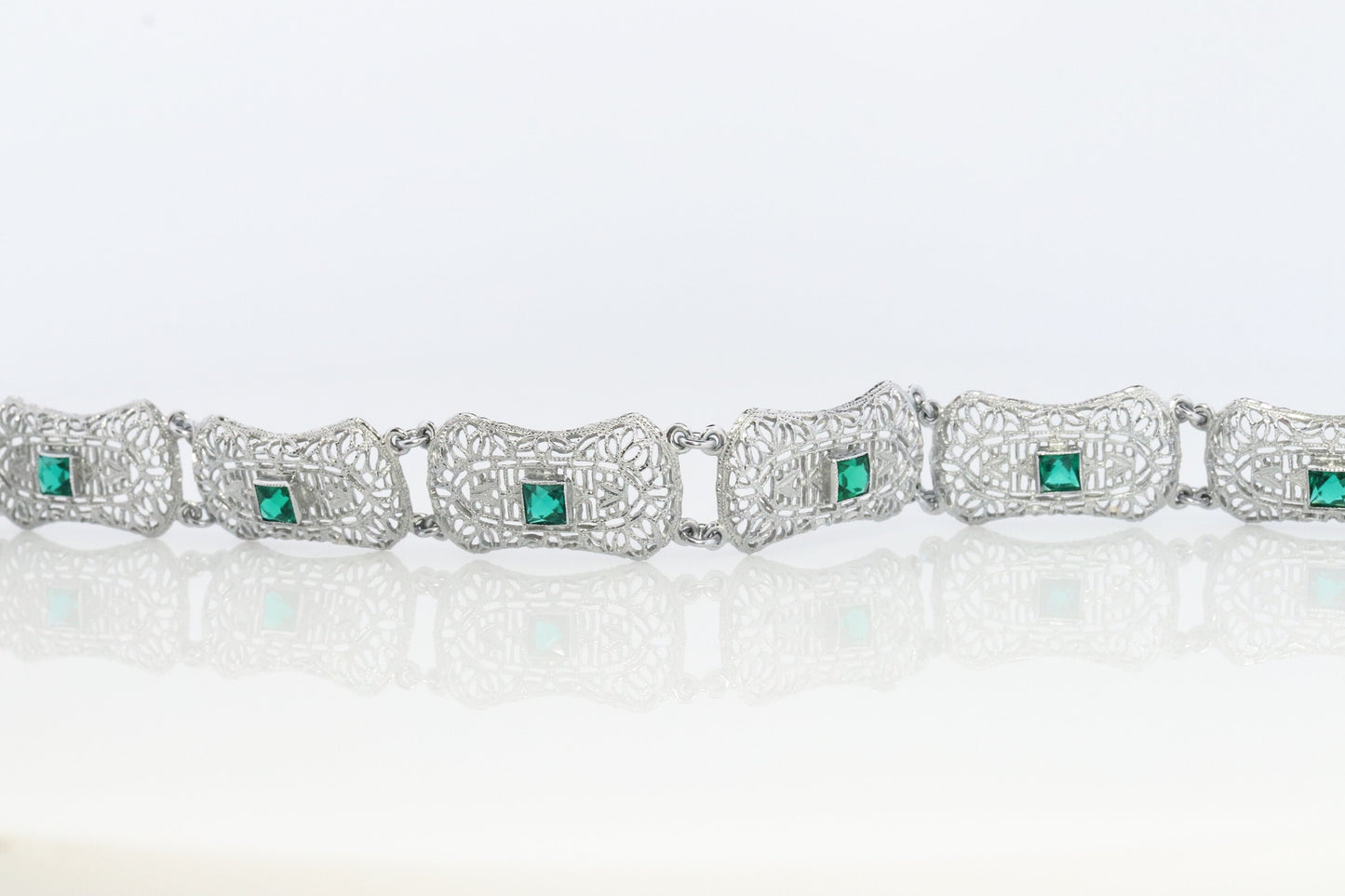 10k Art Deco Filigree Bracelet. Open Scroll link Princess Emerald bracelet. Art Deco Intricate Delicate Shield Bracelet.