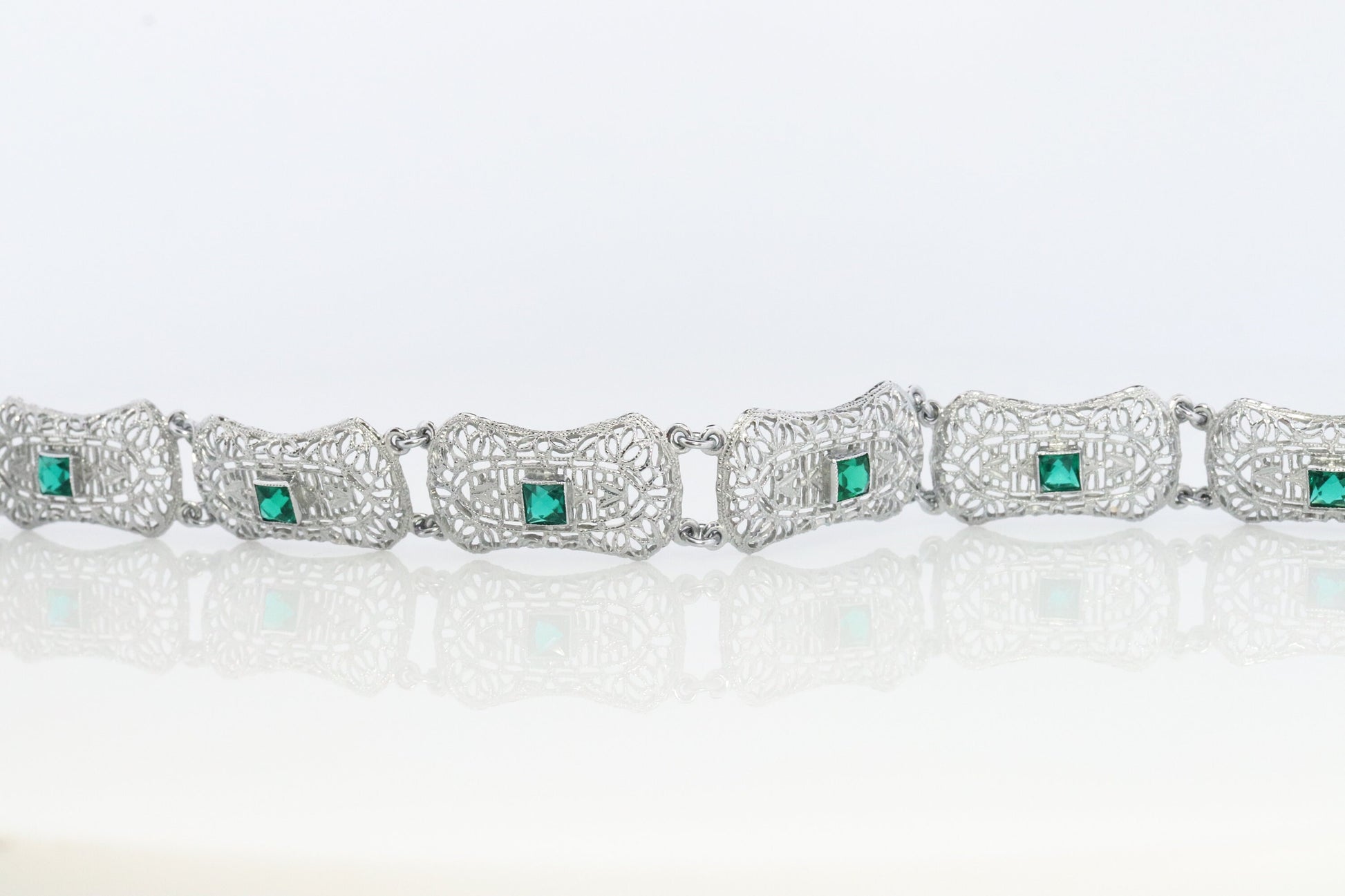 10k Art Deco Filigree Bracelet. Open Scroll link Princess Emerald bracelet. Art Deco Intricate Delicate Shield Bracelet.