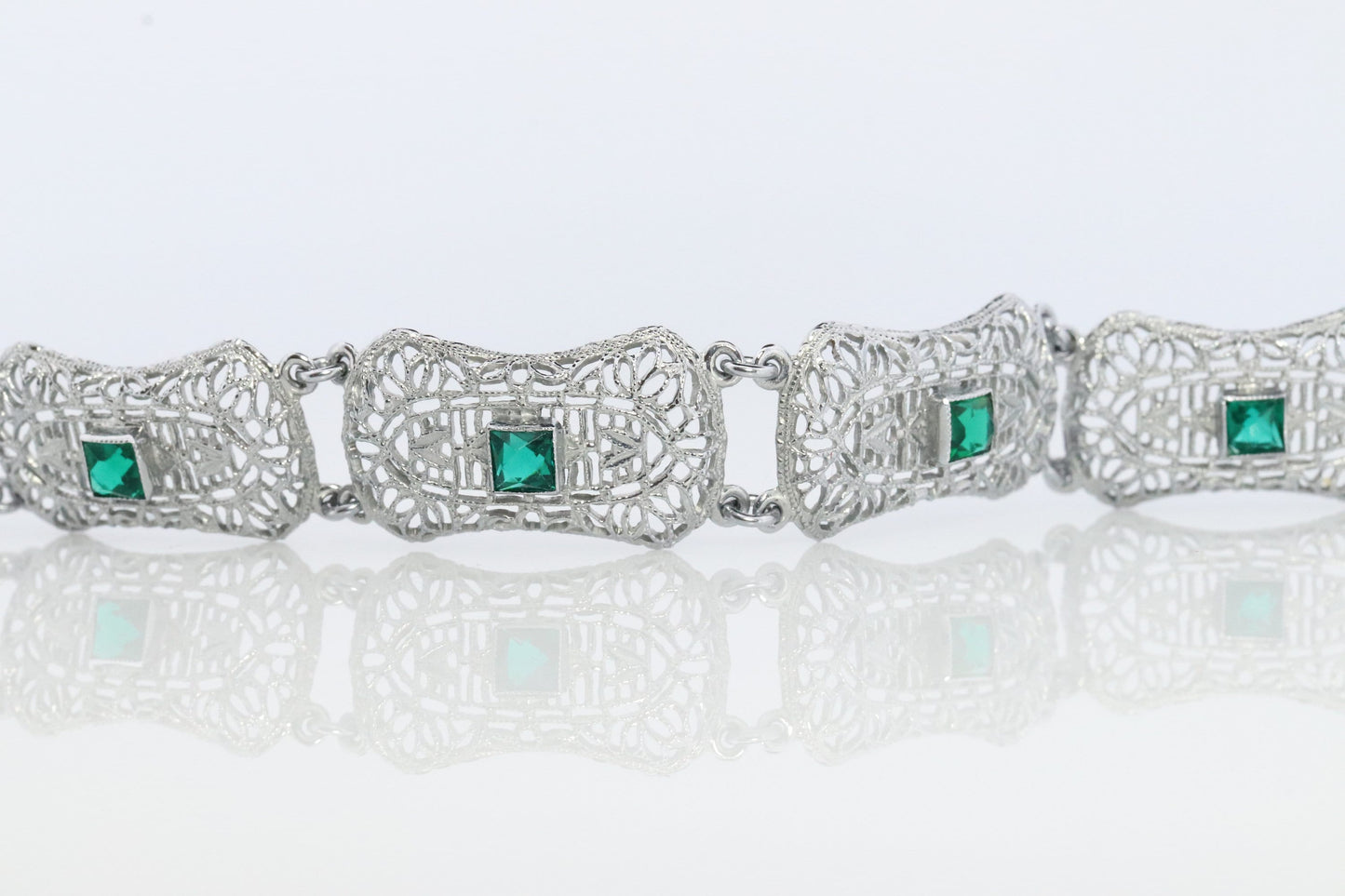 10k Art Deco Filigree Bracelet. Open Scroll link Princess Emerald bracelet. Art Deco Intricate Delicate Shield Bracelet.
