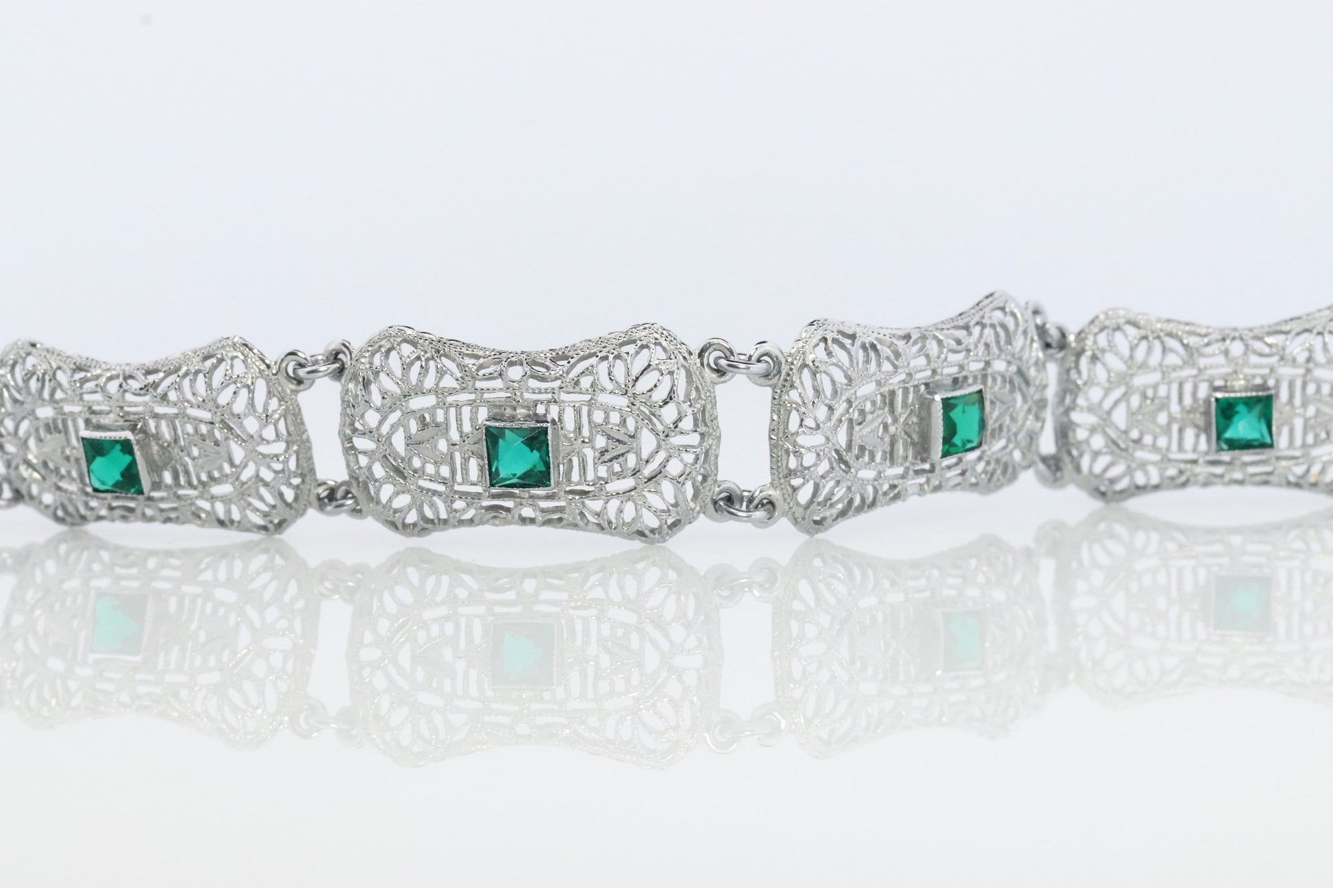10k Art Deco Filigree Bracelet. Open Scroll link Princess Emerald bracelet. Art Deco Intricate Delicate Shield Bracelet.