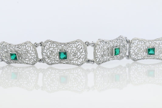 10k Art Deco Filigree Bracelet. Open Scroll link Princess Emerald bracelet. Art Deco Intricate Delicate Shield Bracelet.