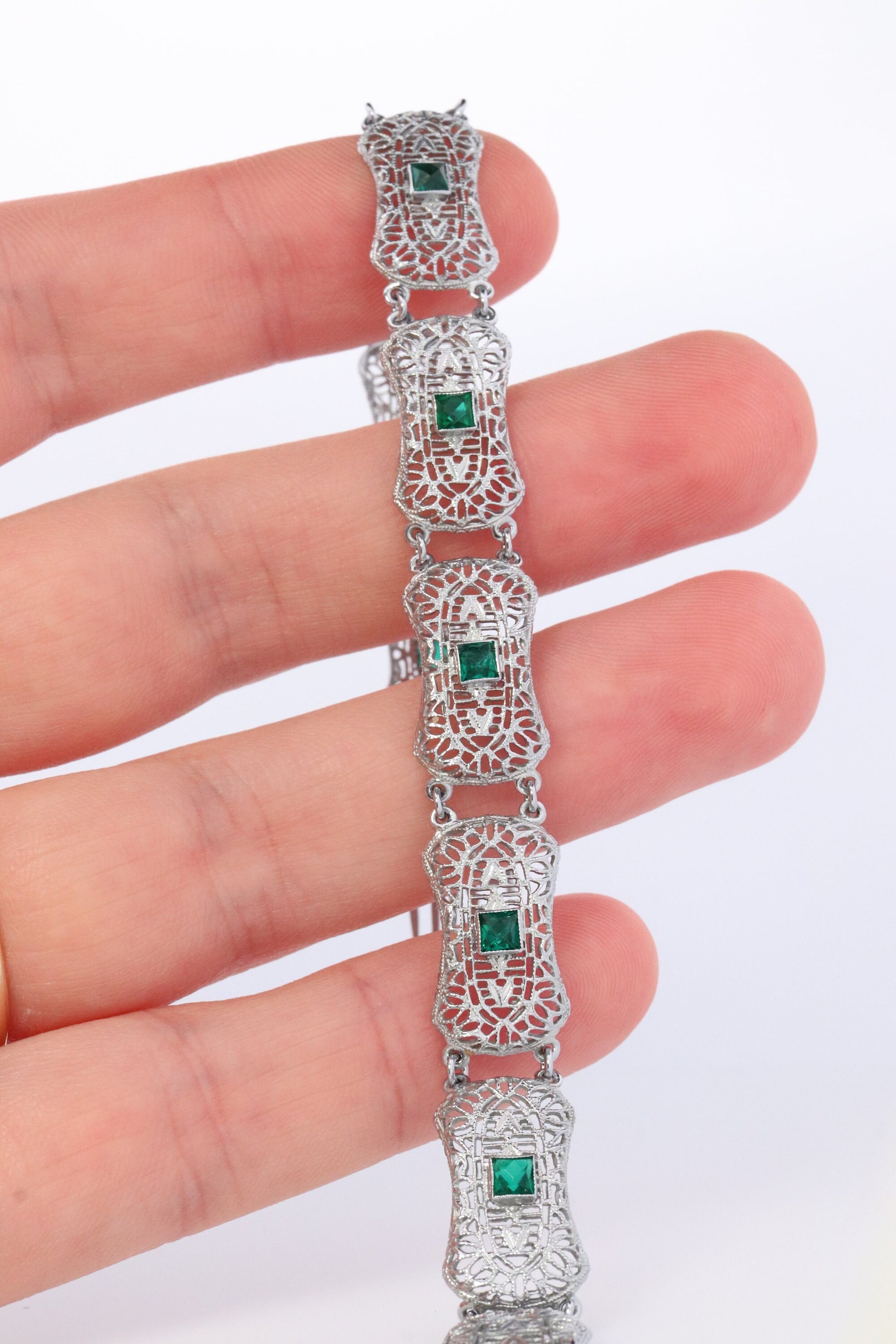 10k Art Deco Filigree Bracelet. Open Scroll link Princess Emerald bracelet. Art Deco Intricate Delicate Shield Bracelet.