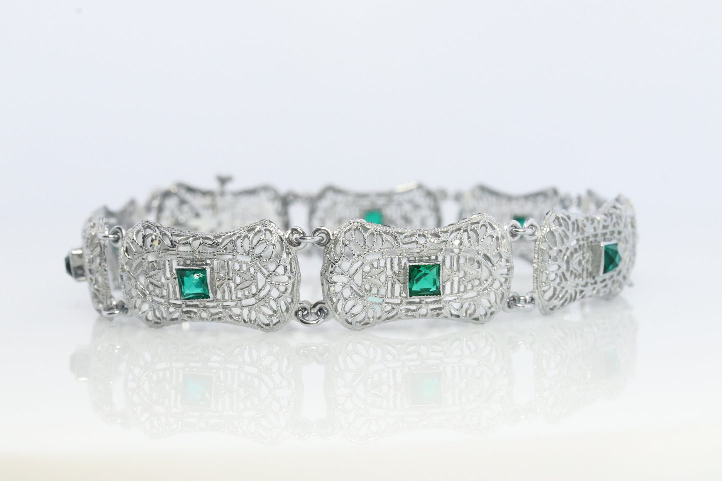 10k Art Deco Filigree Bracelet. Open Scroll link Princess Emerald bracelet. Art Deco Intricate Delicate Shield Bracelet.