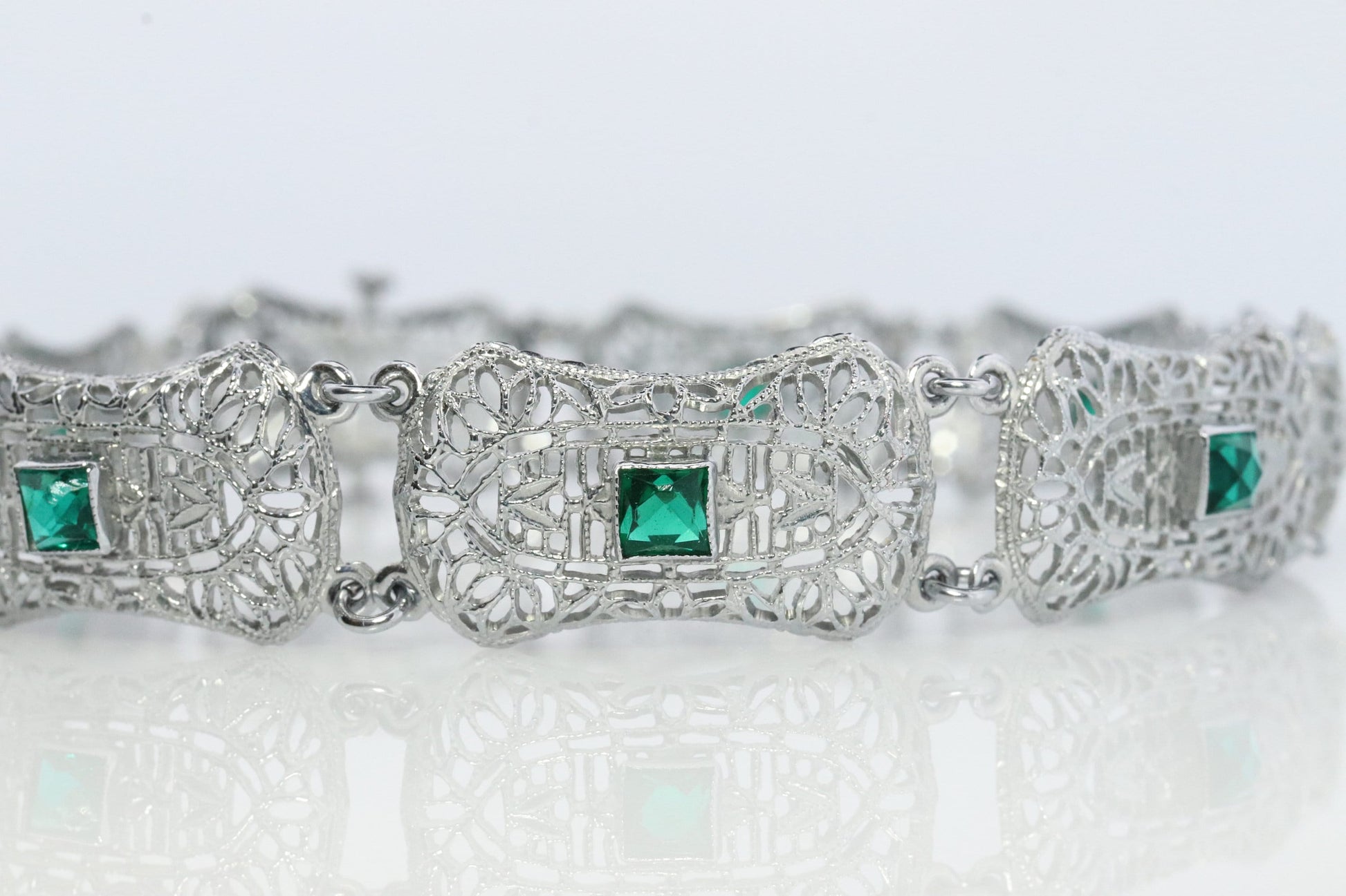 10k Art Deco Filigree Bracelet. Open Scroll link Princess Emerald bracelet. Art Deco Intricate Delicate Shield Bracelet.
