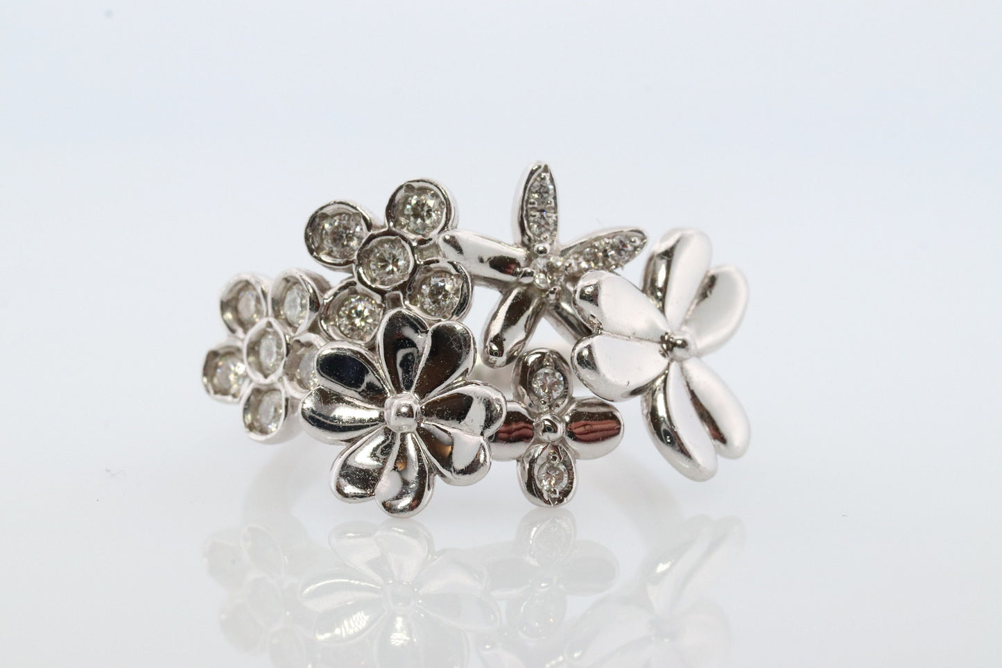 Platinum Flower Cluster ring. Diamond bezel set Daisy Flower bouquet band. Heavy Platinum Intricate Embossed design. Valentines Gift.