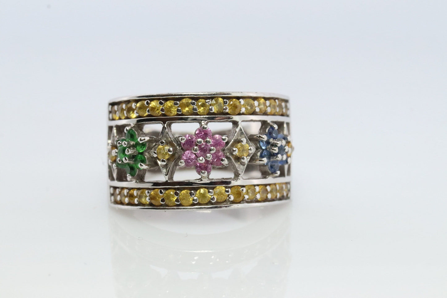 Le Vian Flower Wide Ring. 14k White gold Levian Le Vian Rubies Sapphires and Emeralds Daisy Pattern.
