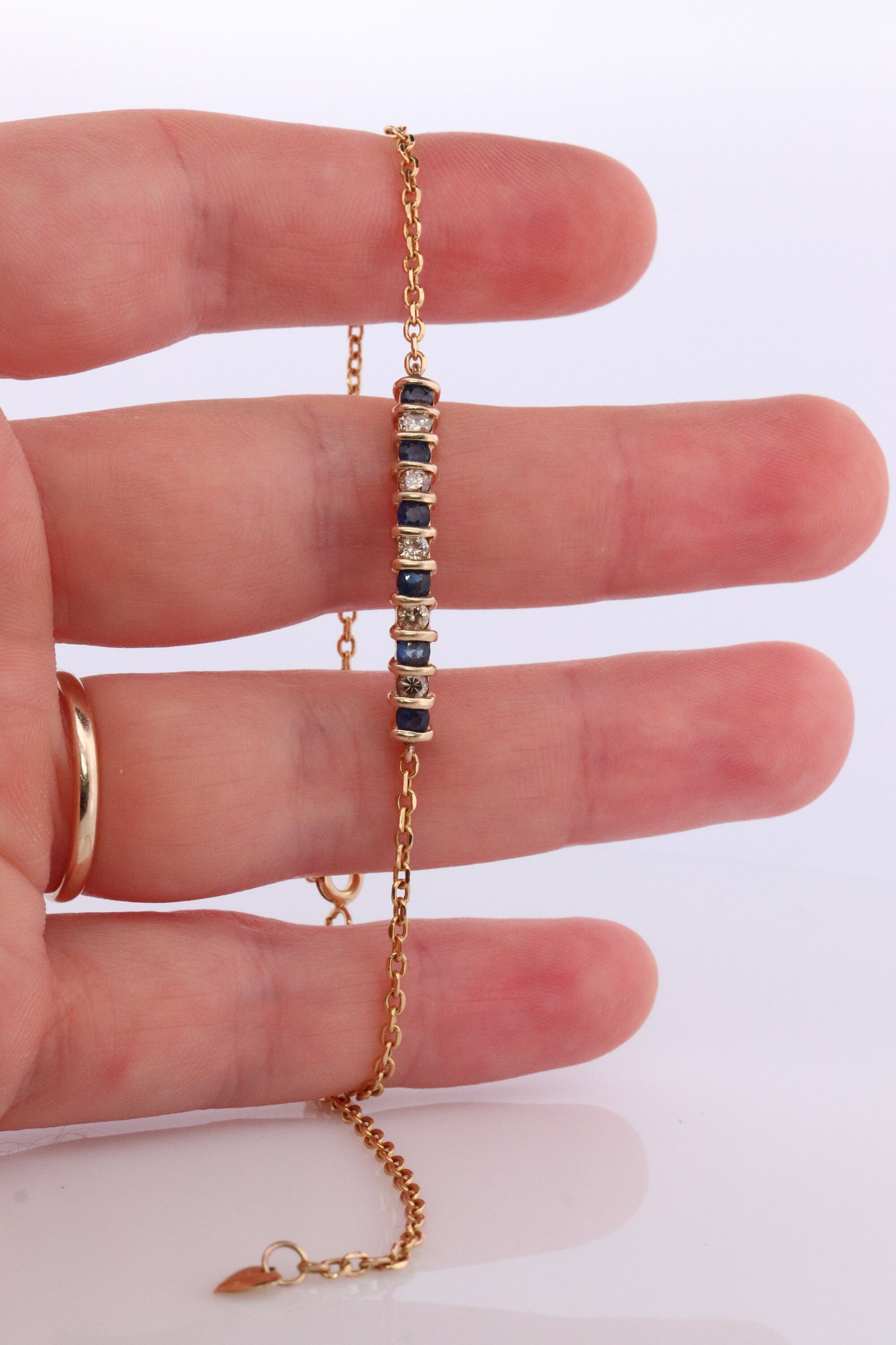 10k Dark Blue Sapphire Diamond Bar Bracelet. 10k/14k Yellow Gold Genuine Sapphire Diamond Tennis Adjustable Bracelet.