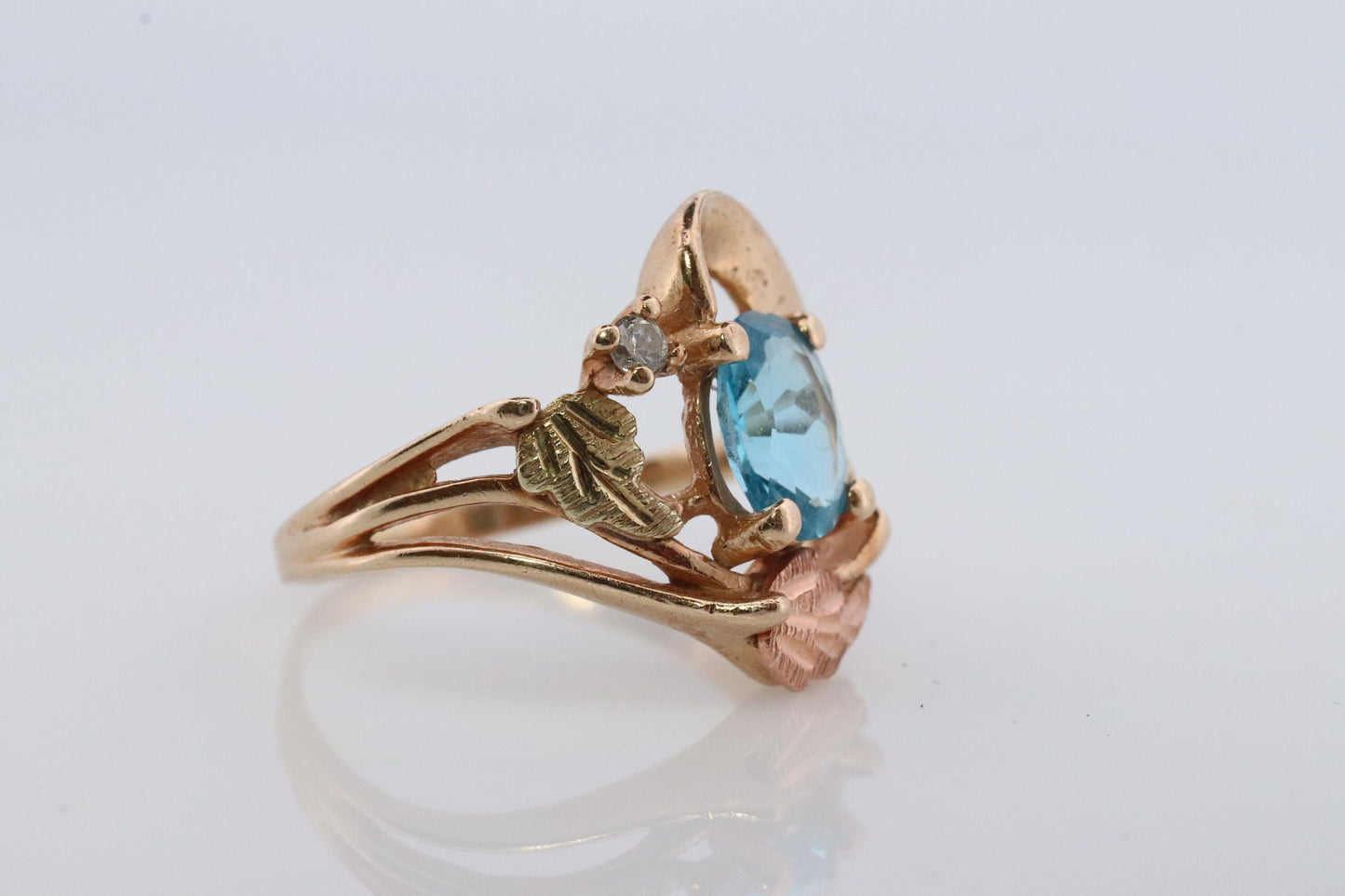 Black Hills Gold Ring. 10k Multi-Tone Blue Topaz and Diamond Black Hills Gold Statement Ring.