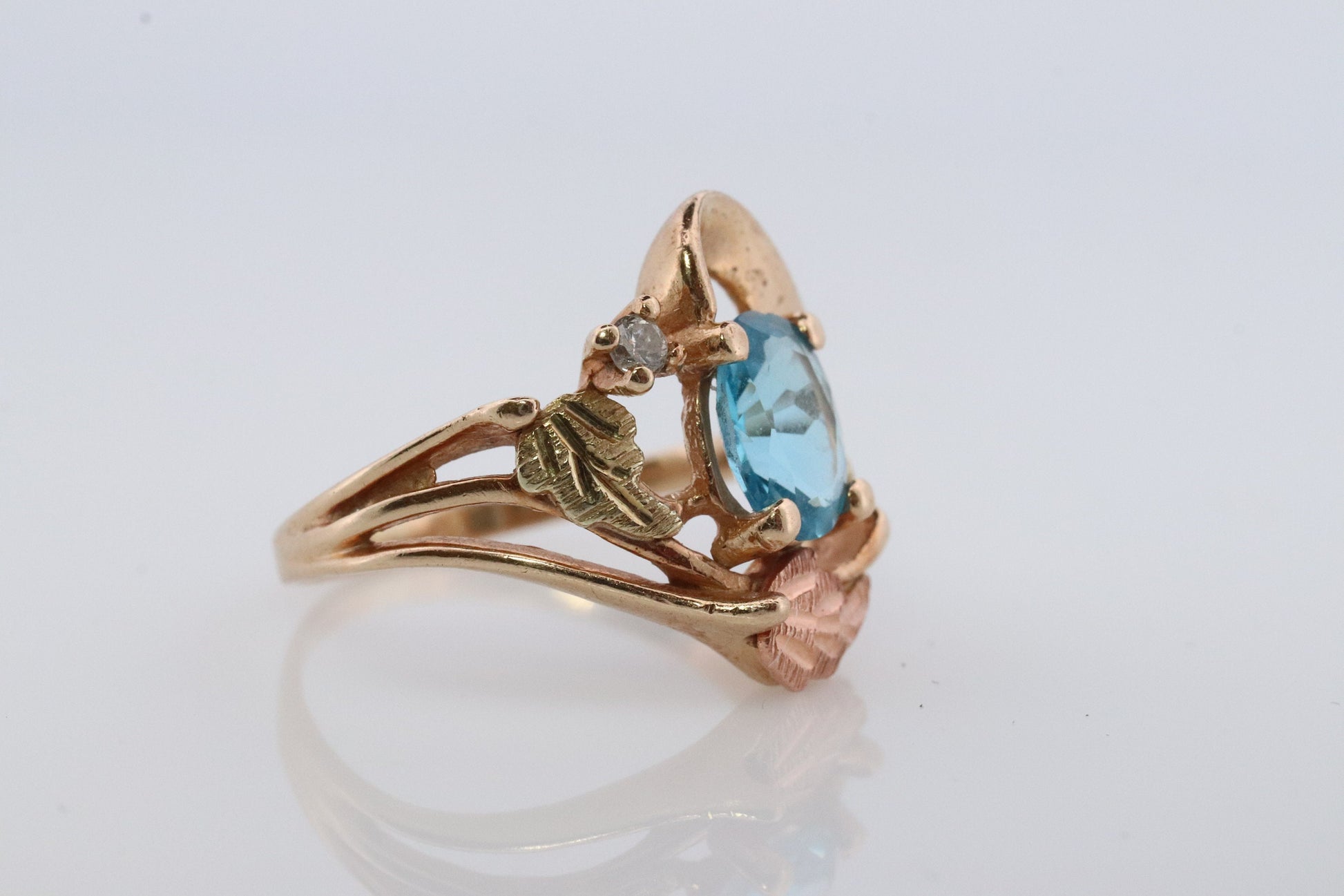 Black Hills Gold Ring. 10k Multi-Tone Blue Topaz and Diamond Black Hills Gold Statement Ring.