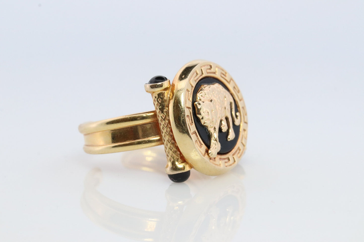 14k Panther Leopard Jaguar Cheetah Onyx ring. Etruscan Revival Onyx Adjustable Ring.