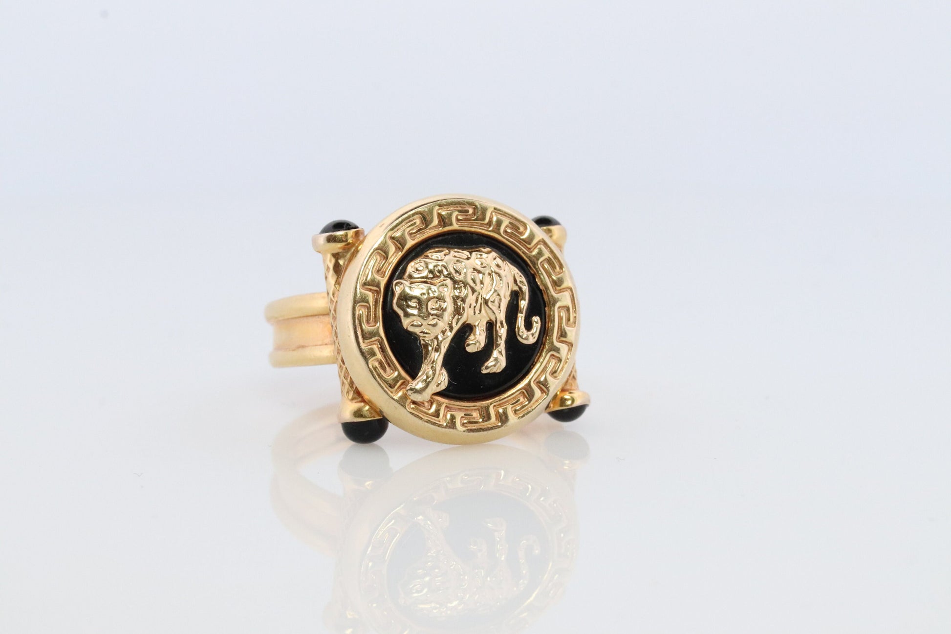 14k Panther Leopard Jaguar Cheetah Onyx ring. Etruscan Revival Onyx Adjustable Ring.