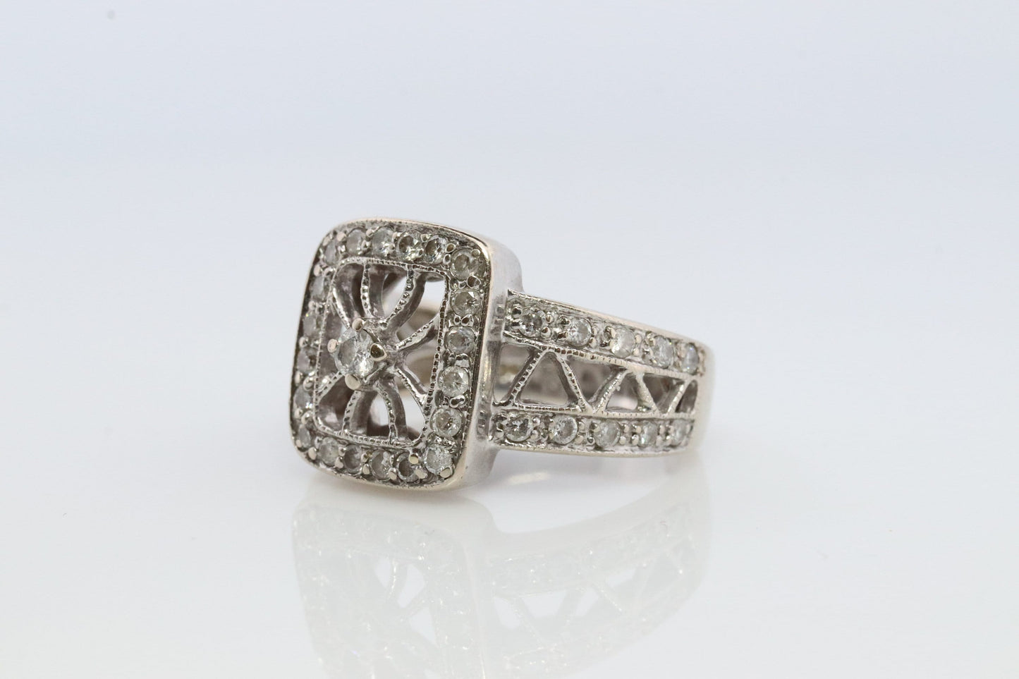 14k Filigree diamond shield ring. 14k Vintage diamond ring. Open Work Diamond ring.