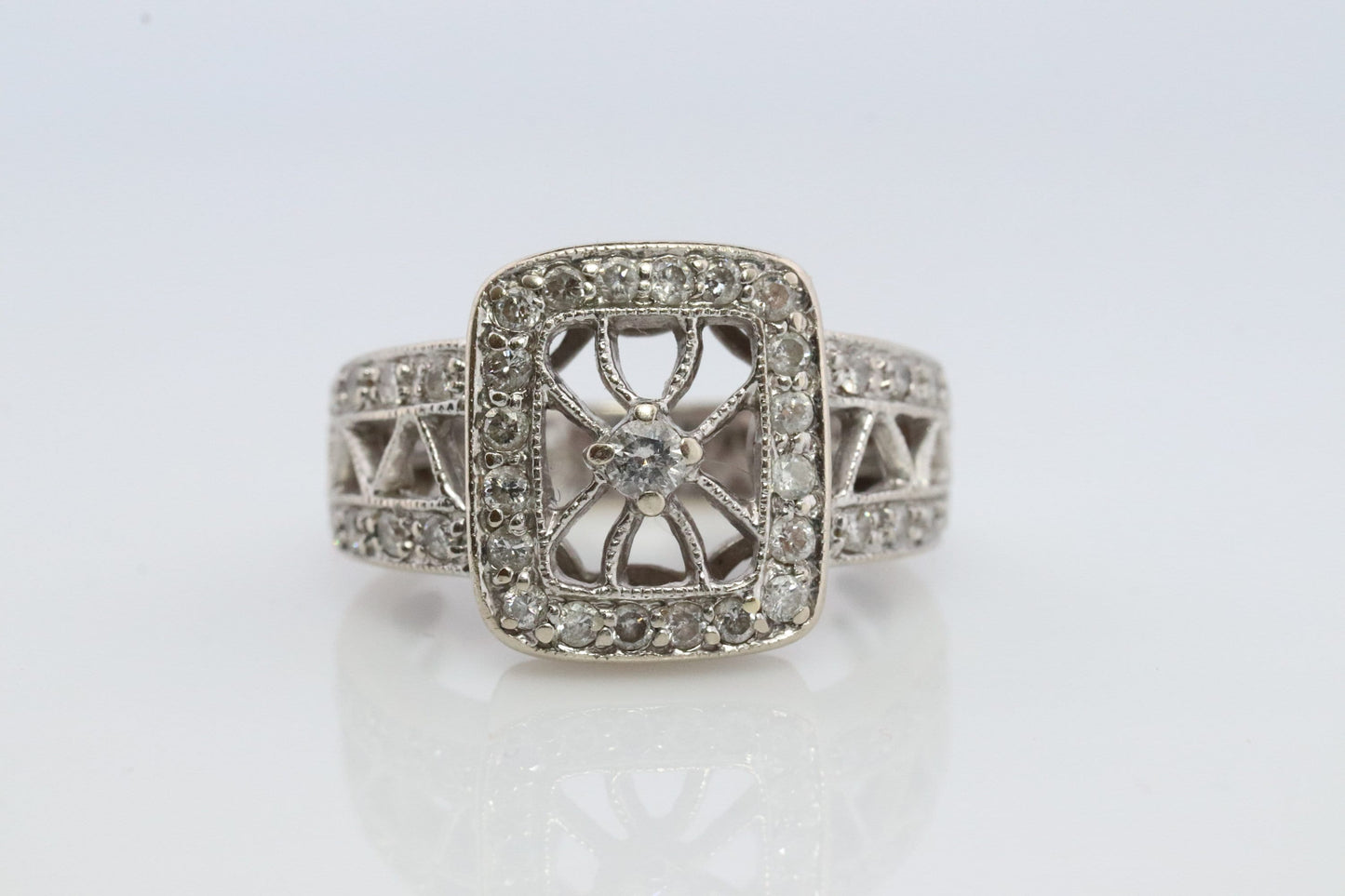 14k Filigree diamond shield ring. 14k Vintage diamond ring. Open Work Diamond ring.
