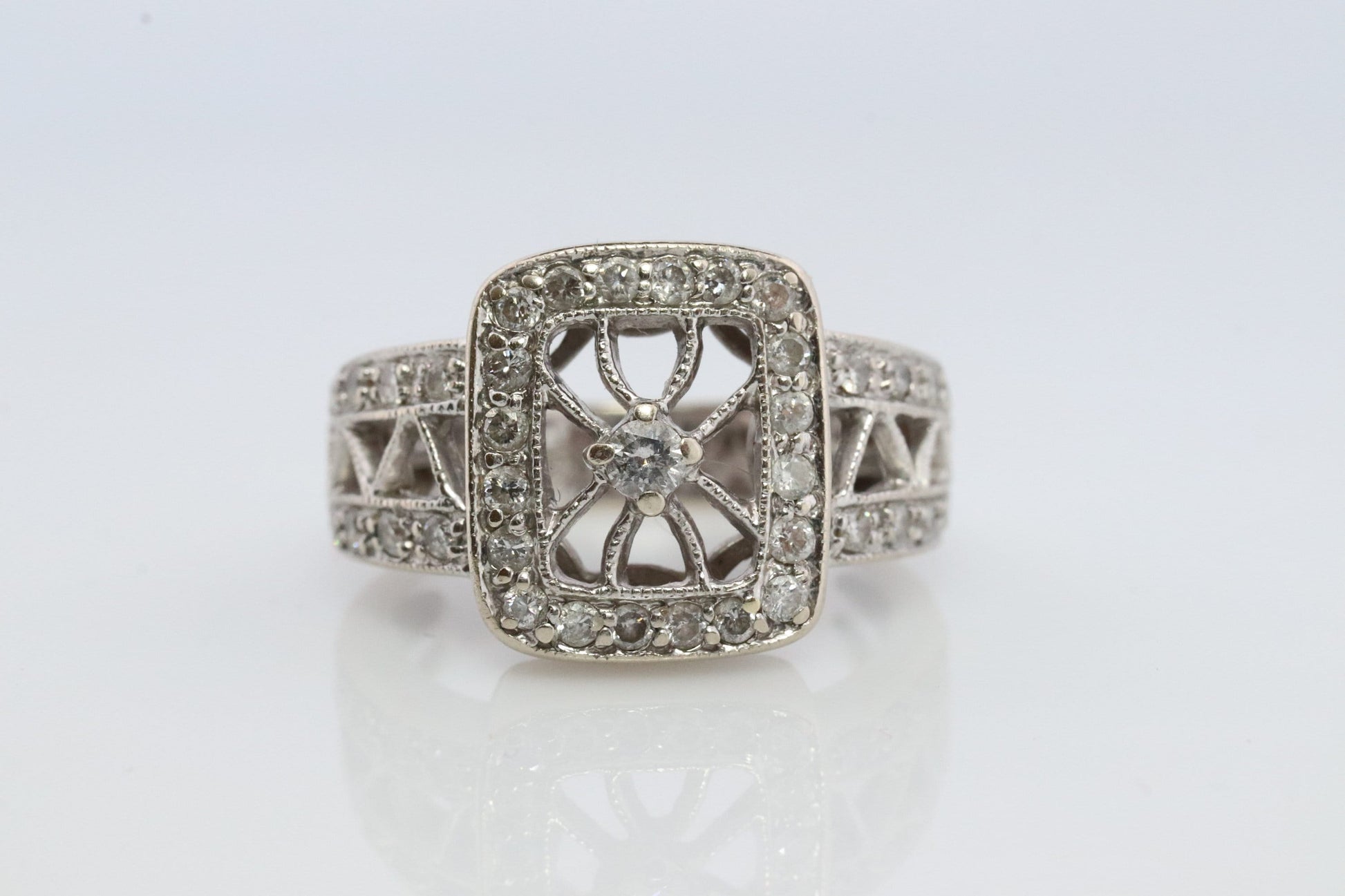 14k Filigree diamond shield ring. 14k Vintage diamond ring. Open Work Diamond ring.