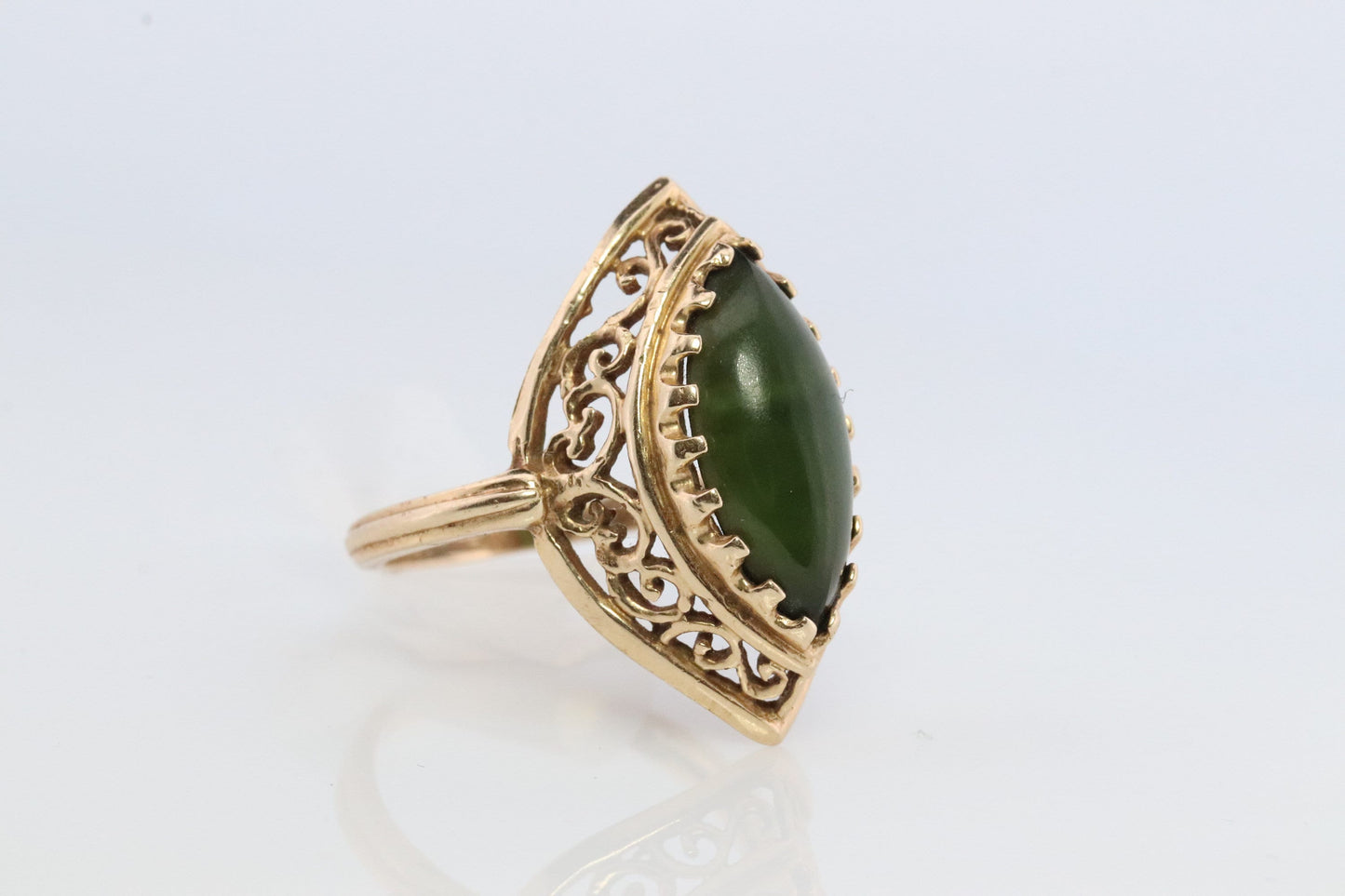 14k Dark Green Jade Jadeite ring. Marquise cut green Jade cabochon ring. Open Filigree Scrollwork ring.