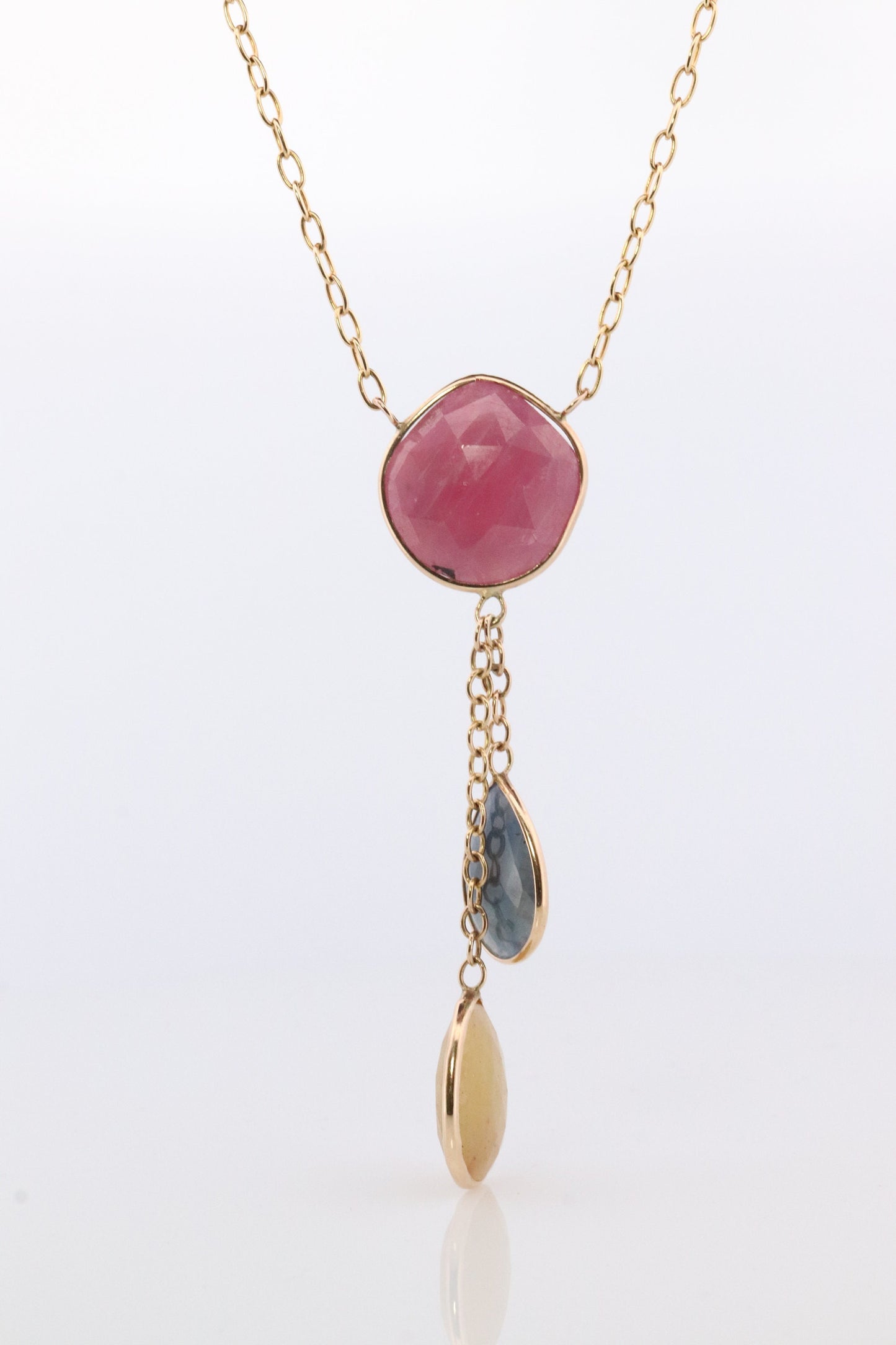 Sliced Sapphire Lariat Necklace. 14k Yellow Gold Multi-Color Sapphire Dangle Pendant Necklace. Made by Midas