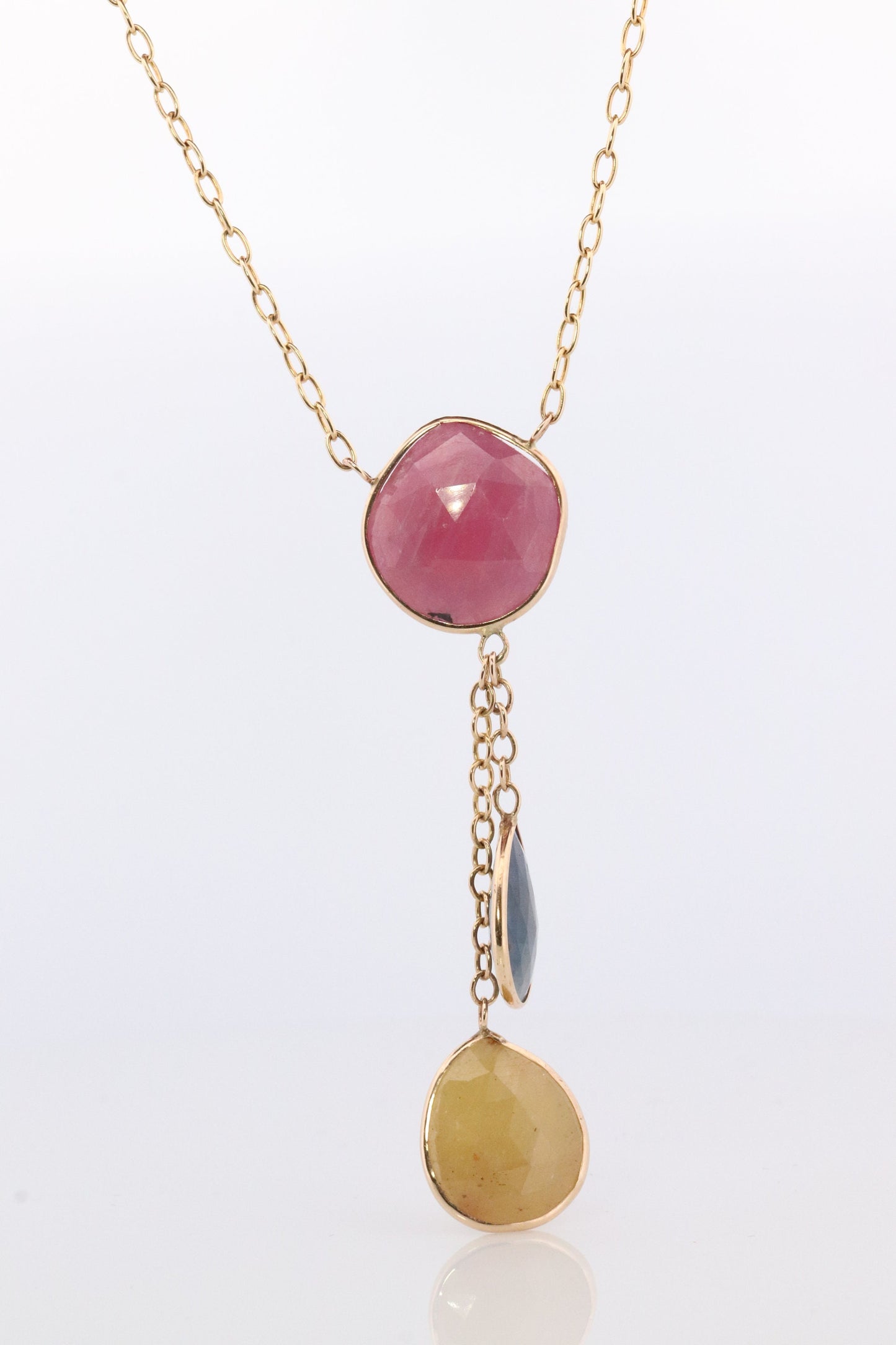 Sliced Sapphire Lariat Necklace. 14k Yellow Gold Multi-Color Sapphire Dangle Pendant Necklace. Made by Midas