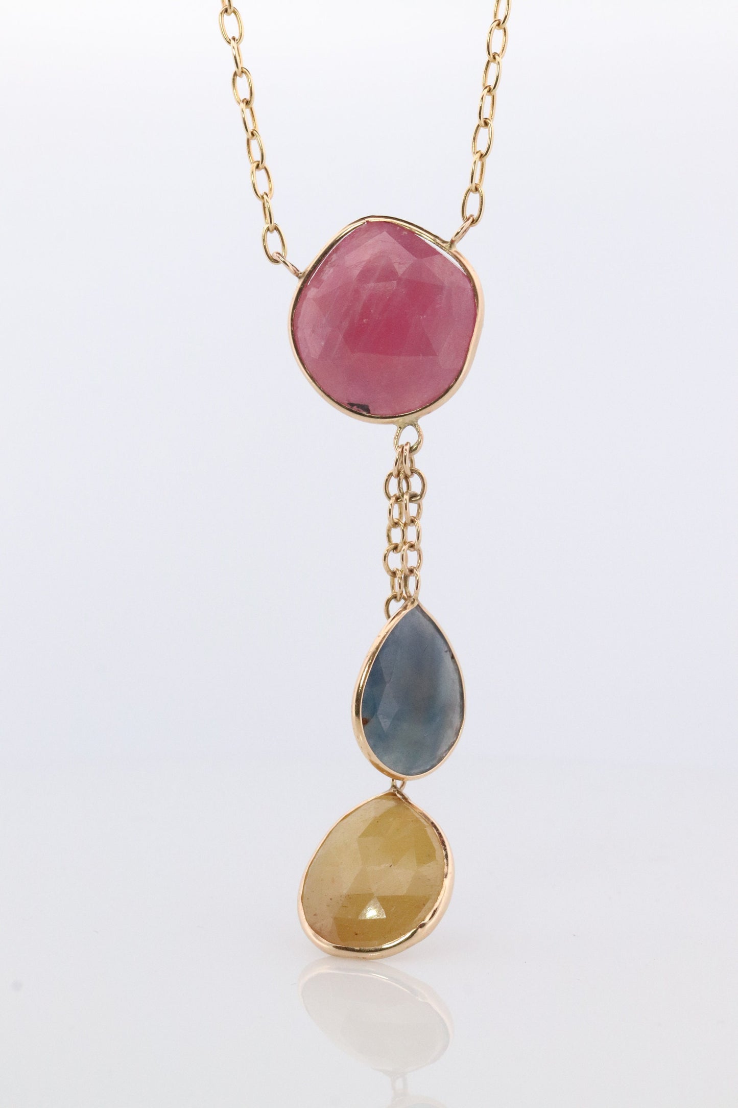 Sliced Sapphire Lariat Necklace. 14k Yellow Gold Multi-Color Sapphire Dangle Pendant Necklace. Made by Midas