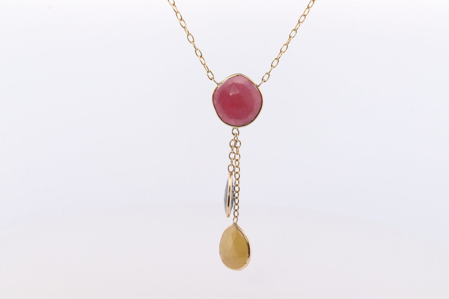 Sliced Sapphire Lariat Necklace. 14k Yellow Gold Multi-Color Sapphire Dangle Pendant Necklace. Made by Midas