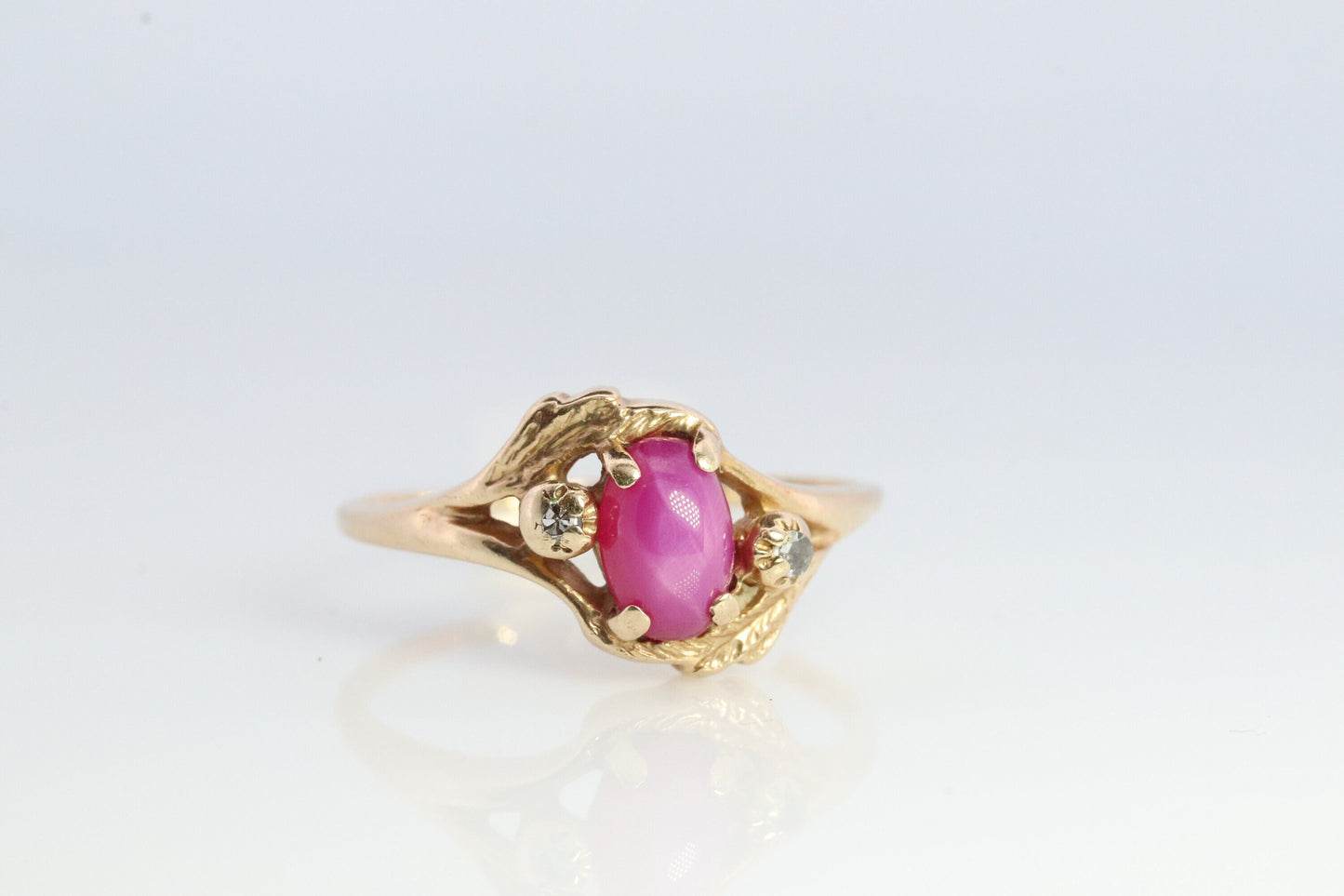 RED PINK STAR Ruby Solitaire ring. 10k Yellow gold. Star Sapphire with diamond accents.