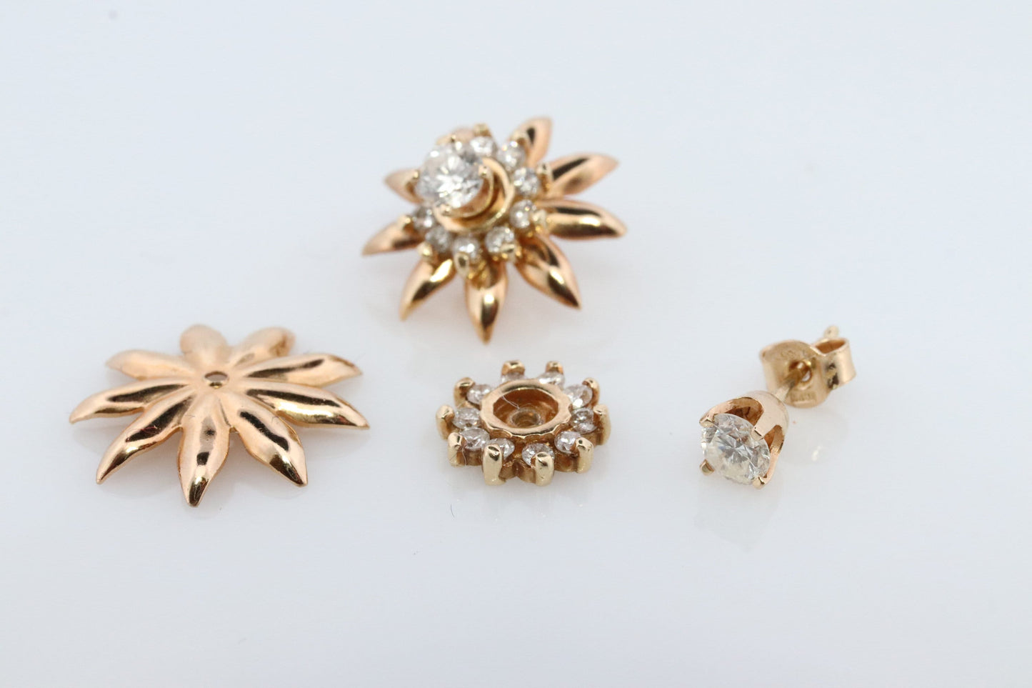 14k Diamond Flower Cluster Earrings. 1.1ctw Diamond Daisy stud earrings. Diamond Halo Layered design. Earrings jackets.
