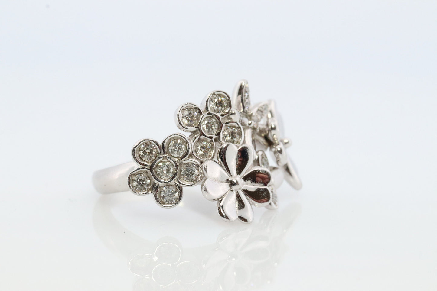 Platinum Flower Cluster ring. Diamond bezel set Daisy Flower bouquet band. Heavy Platinum Intricate Embossed design. Valentines Gift.