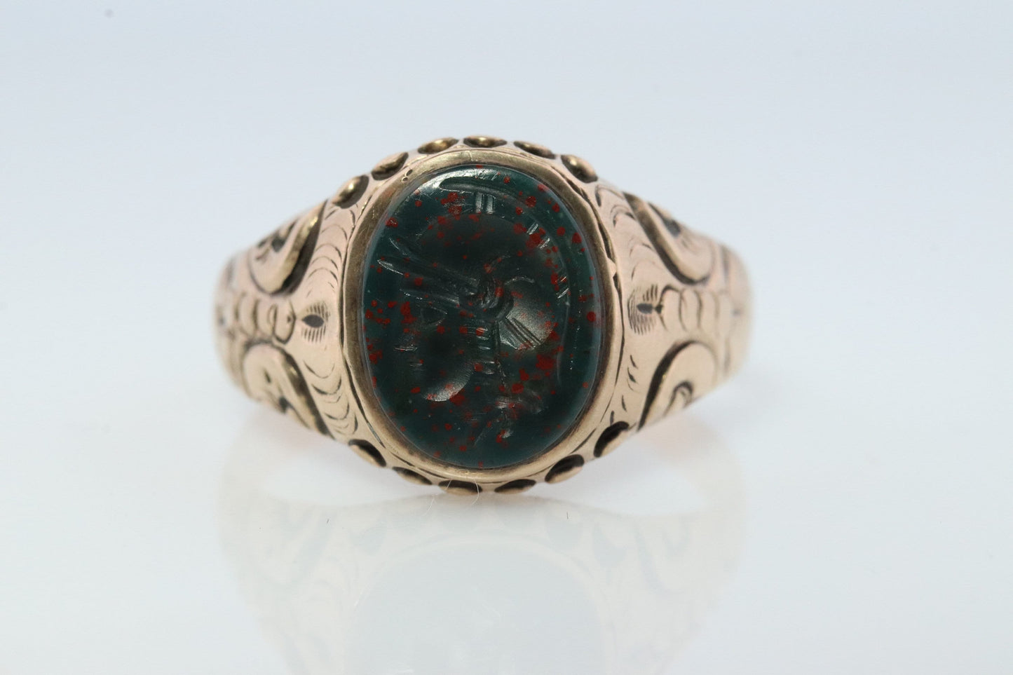 10k Bloodstone ring. Black and Red Blood stone yellow gold signet ring. Warrior Intaglio Carved ring.