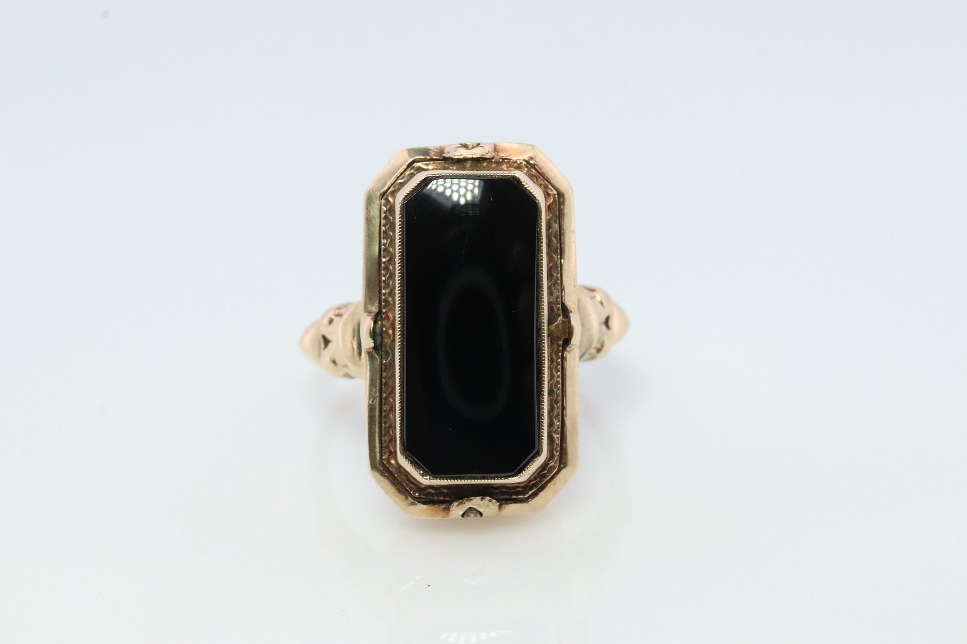 10k Onyx and Cameo Diamond Reversible Ring. Victorian Locket / Reverso Ring. 10k Yellow Gold Reverso signet ring.