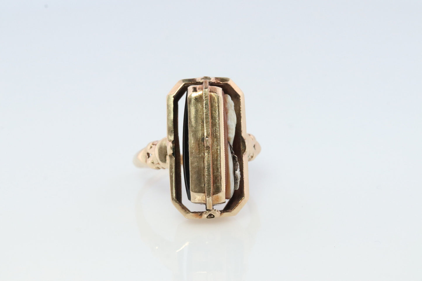 10k Onyx and Cameo Diamond Reversible Ring. Victorian Locket / Reverso Ring. 10k Yellow Gold Reverso signet ring.