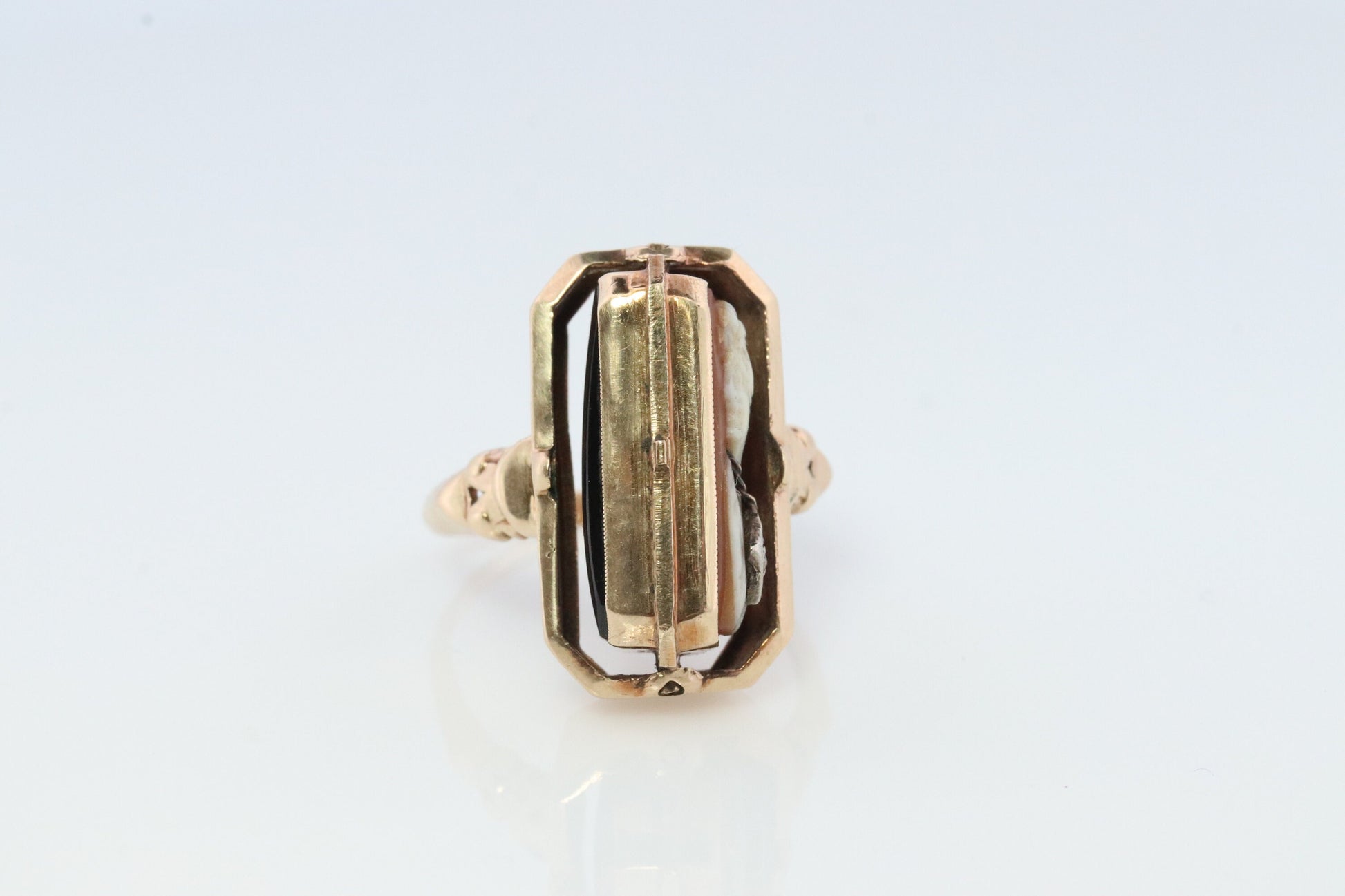 10k Onyx and Cameo Diamond Reversible Ring. Victorian Locket / Reverso Ring. 10k Yellow Gold Reverso signet ring.