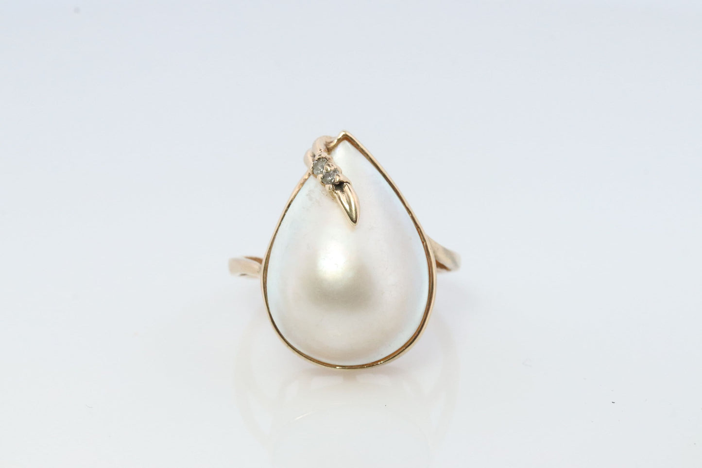 14k Large Mabe and Diamond Ring. Pear Mabe Pearl Solitaire ring with Diamond accents. IWI Imperial World Inc.