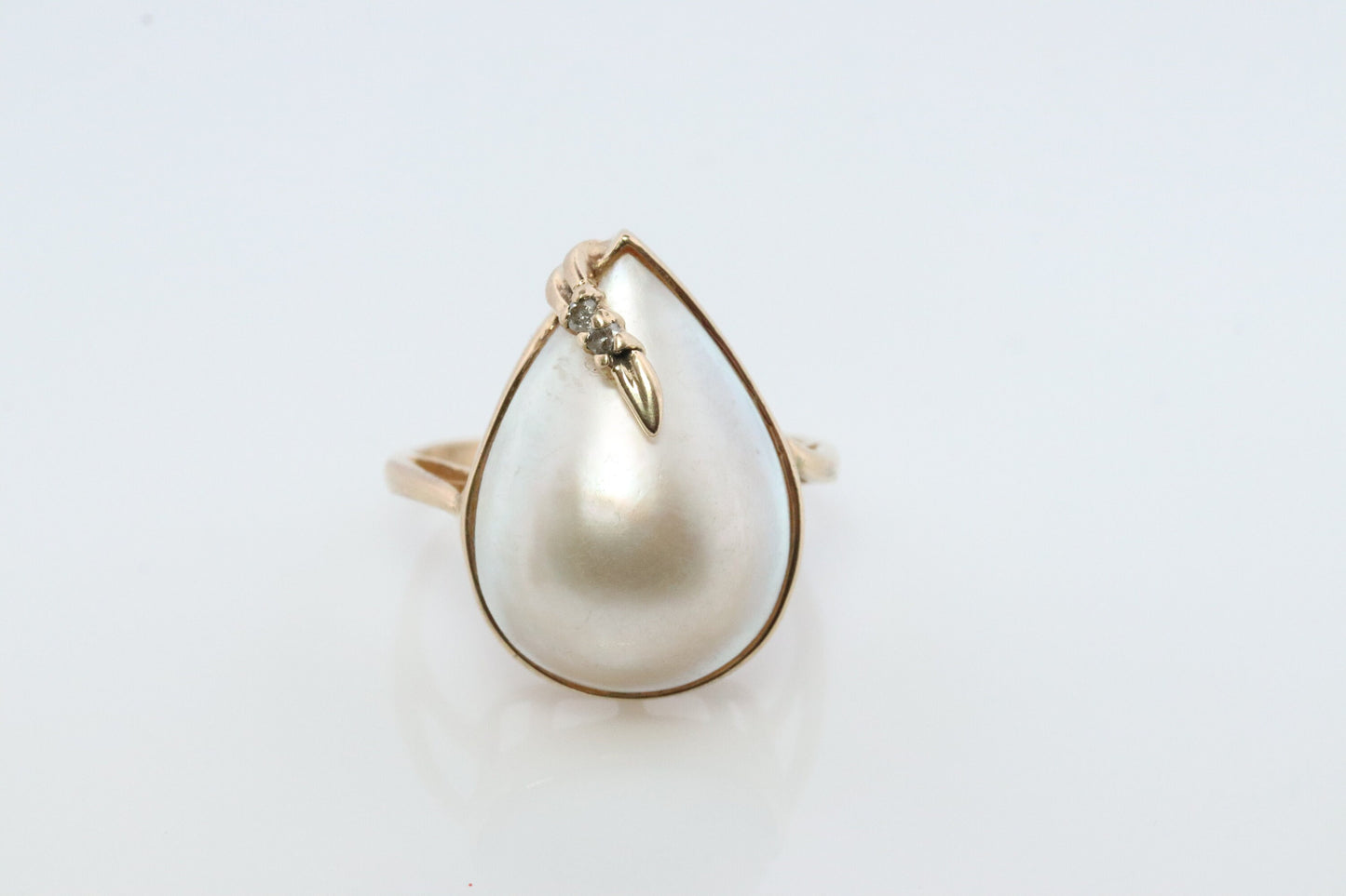 14k Large Mabe and Diamond Ring. Pear Mabe Pearl Solitaire ring with Diamond accents. IWI Imperial World Inc.