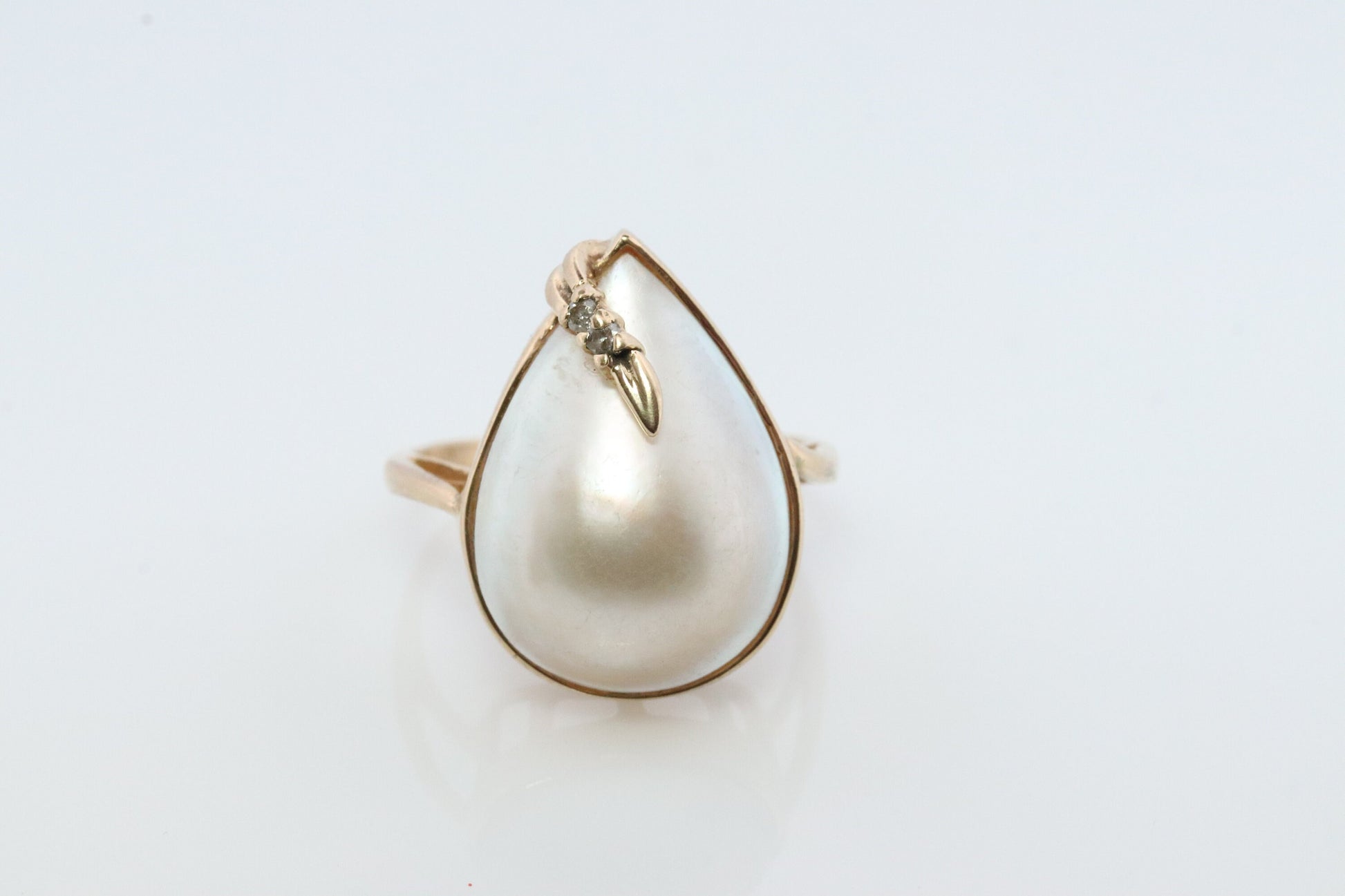 14k Large Mabe and Diamond Ring. Pear Mabe Pearl Solitaire ring with Diamond accents. IWI Imperial World Inc.