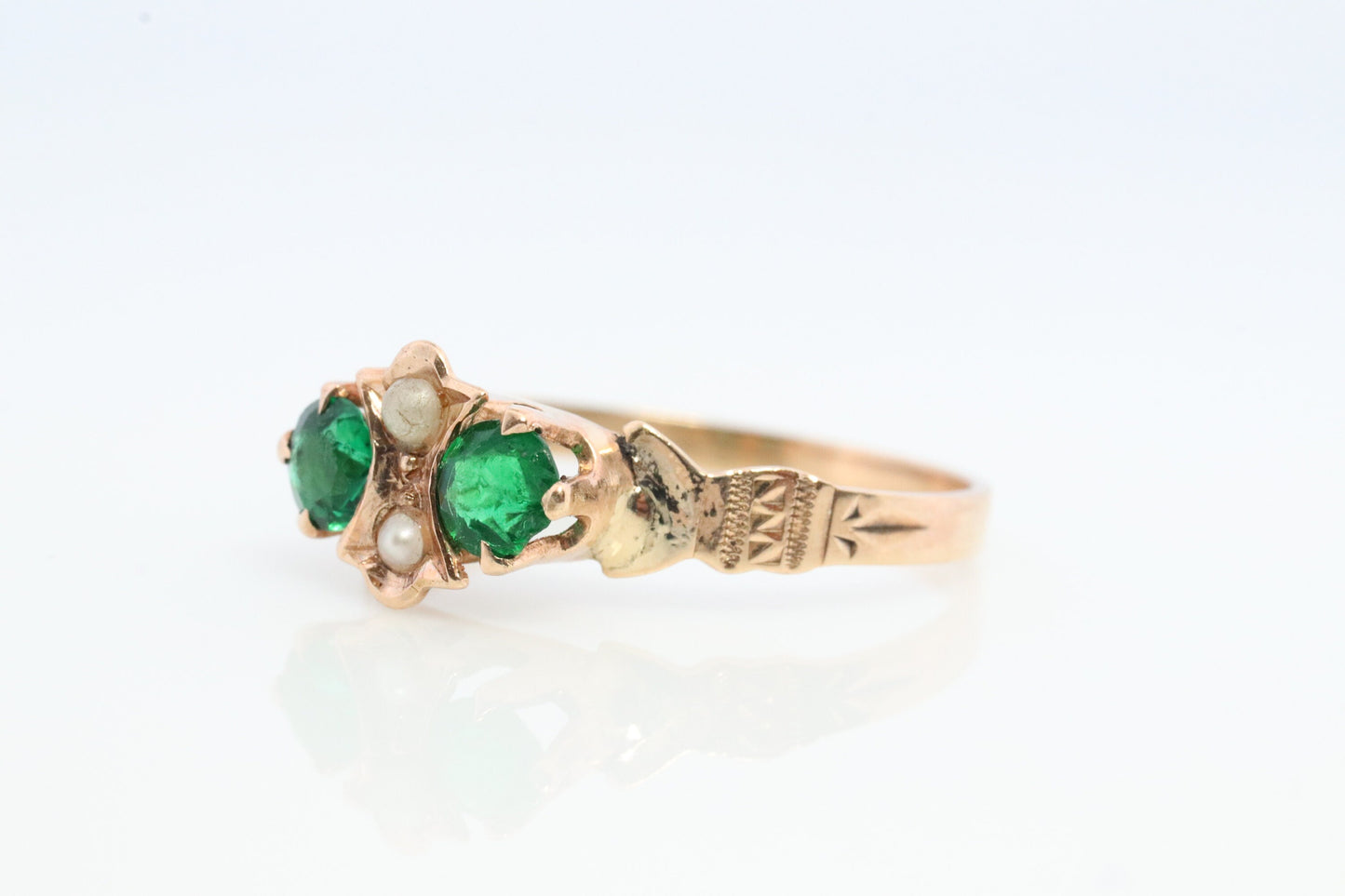 10k Victorian Pearl seed and Green Gem. Antique 10k Rose Gold WWW solitaire. White, Wile and Warner