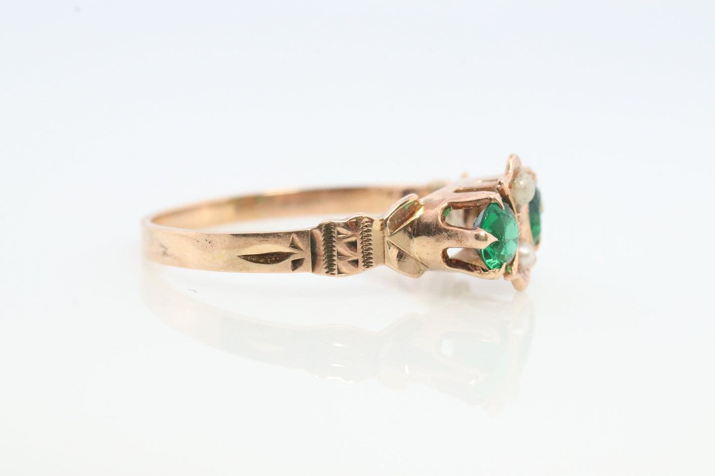 10k Victorian Pearl seed and Green Gem. Antique 10k Rose Gold WWW solitaire. White, Wile and Warner