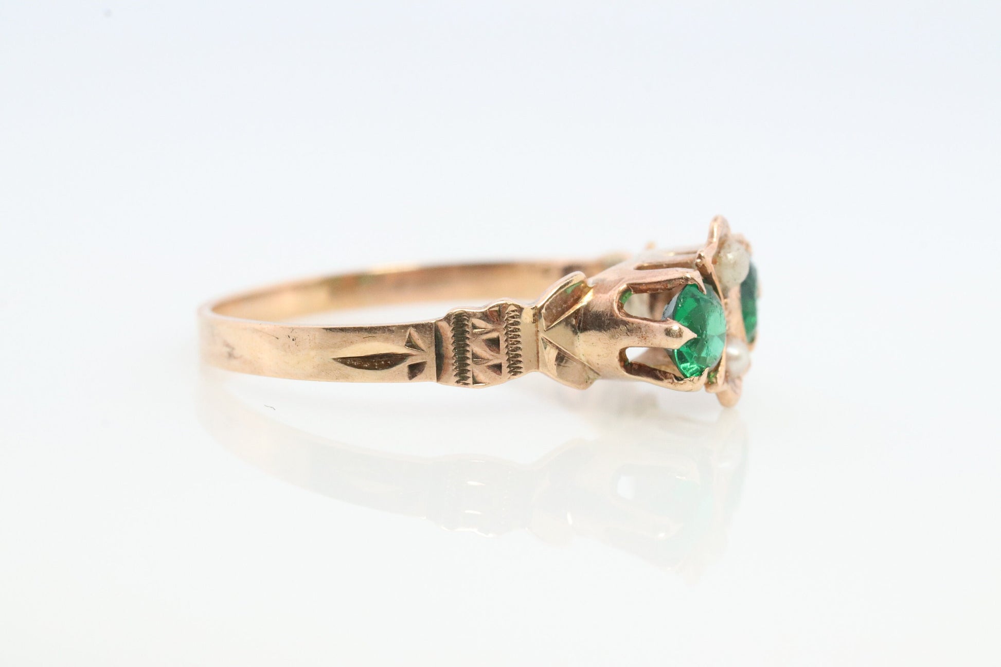 10k Victorian Pearl seed and Green Gem. Antique 10k Rose Gold WWW solitaire. White, Wile and Warner