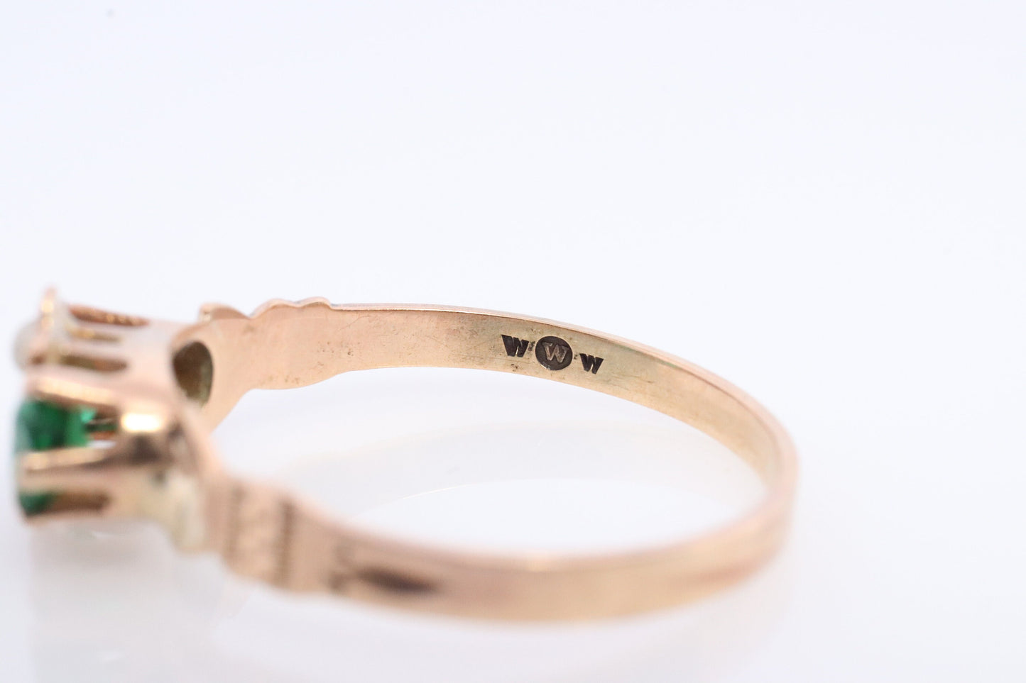 10k Victorian Pearl seed and Green Gem. Antique 10k Rose Gold WWW solitaire. White, Wile and Warner