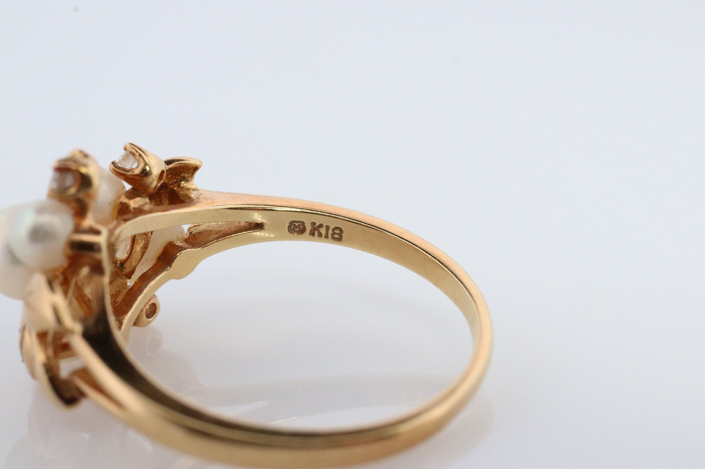 Mikimoto Ring. Vintage 18k Gold Mikimoto Pearl and Diamond Cluster. Mikimoto Pearl Grape Vine Design