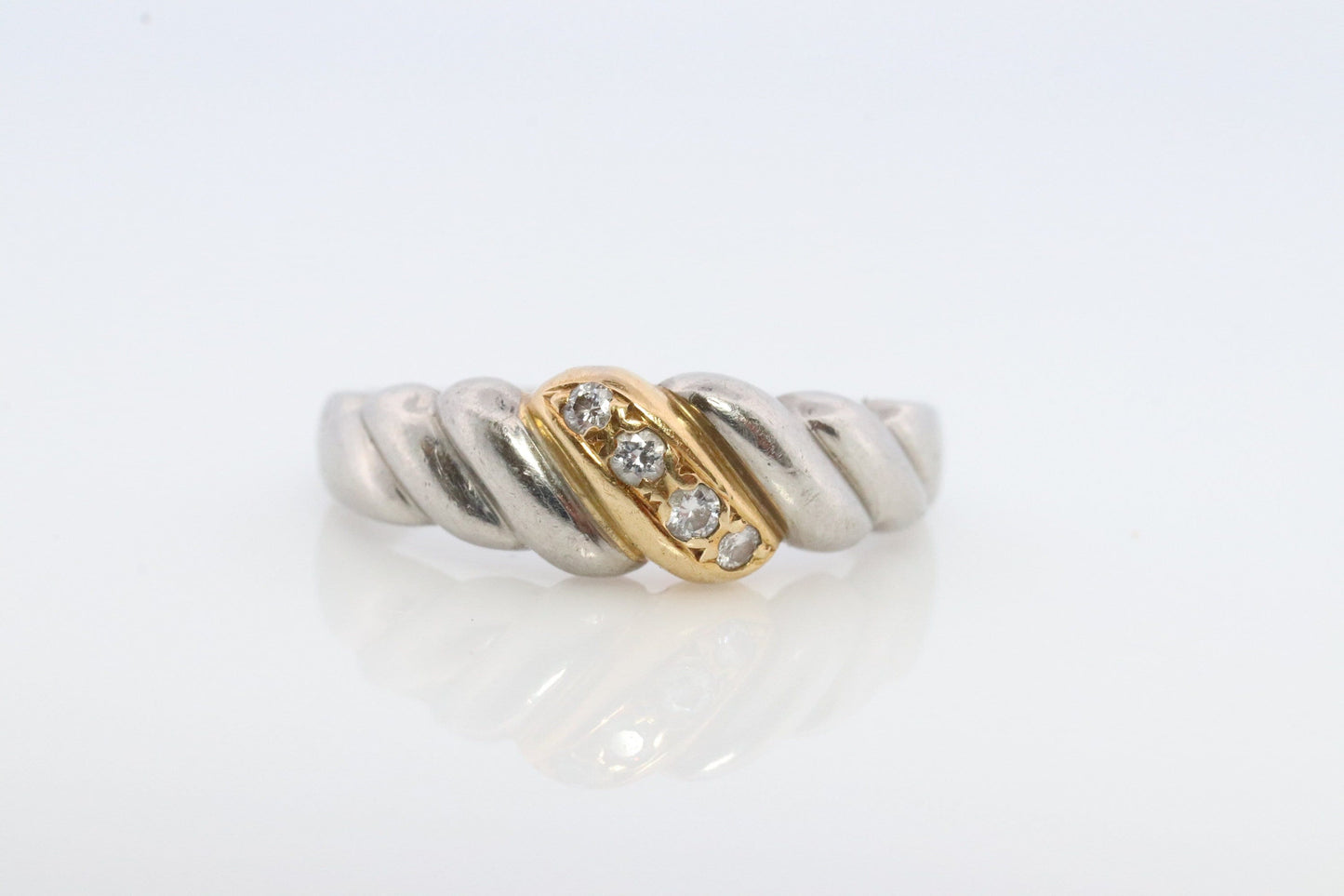 Mikimoto Ring. Vintage Platinum 18k Mikimoto Diamond Bezel set ring. Mikimoto Diamond Twist Bombe band. Mikimoto PT900. Wedding band
