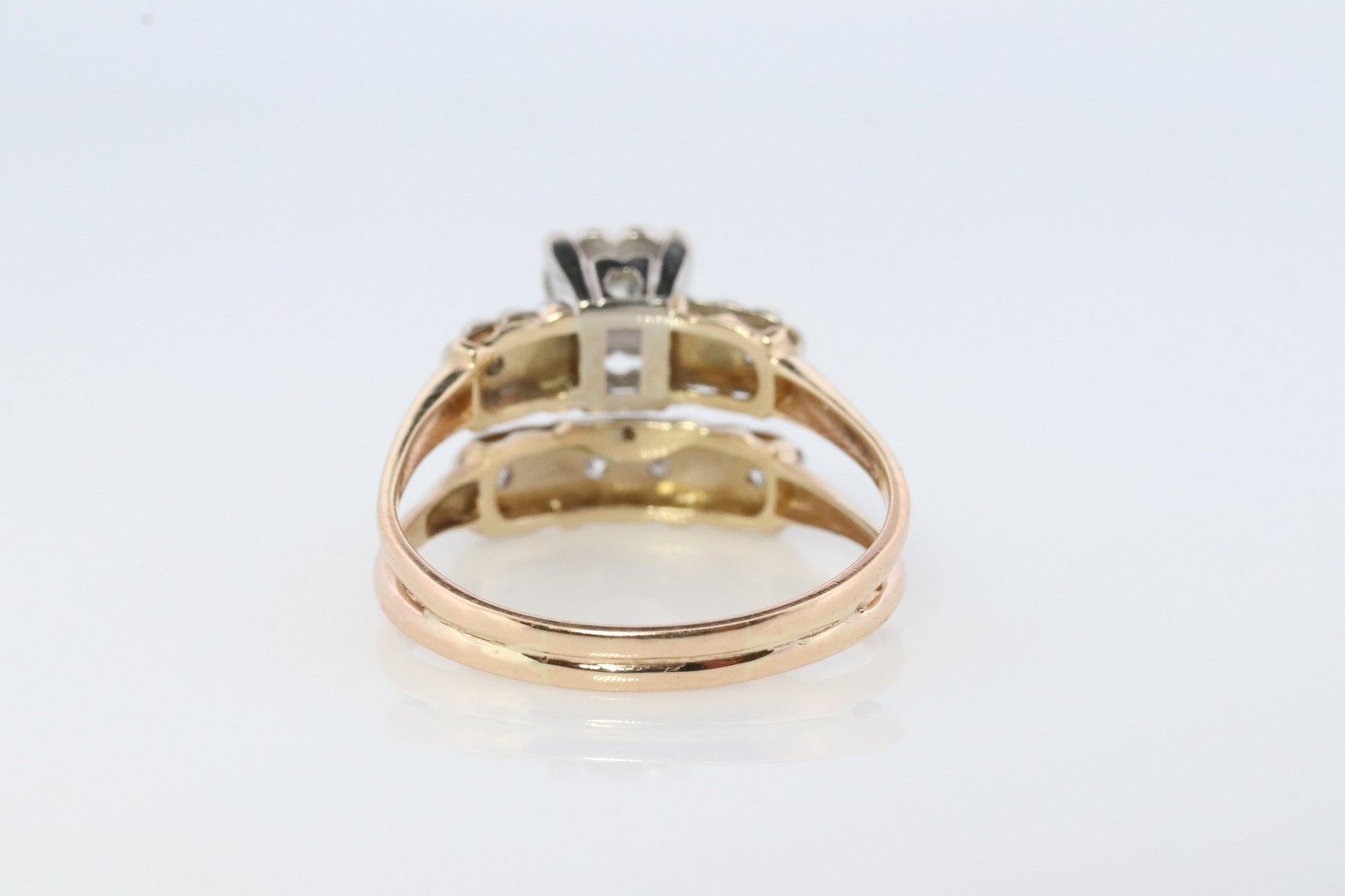 Vintage Art Deco Engagement Ring Set. 1950s. 14k Yellow and White Gold Diamond Wedding and Engagement Ring Set.