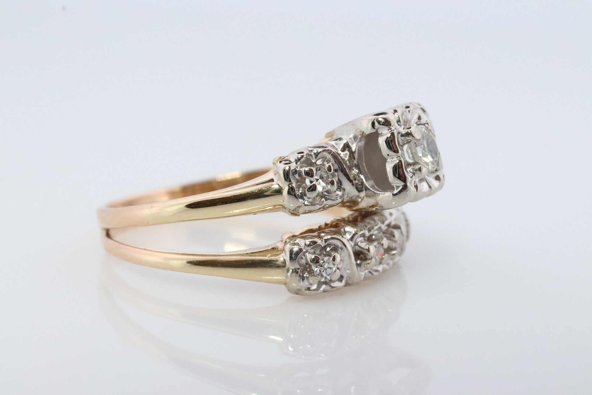 Vintage Art Deco Engagement Ring Set. 1950s. 14k Yellow and White Gold Diamond Wedding and Engagement Ring Set.