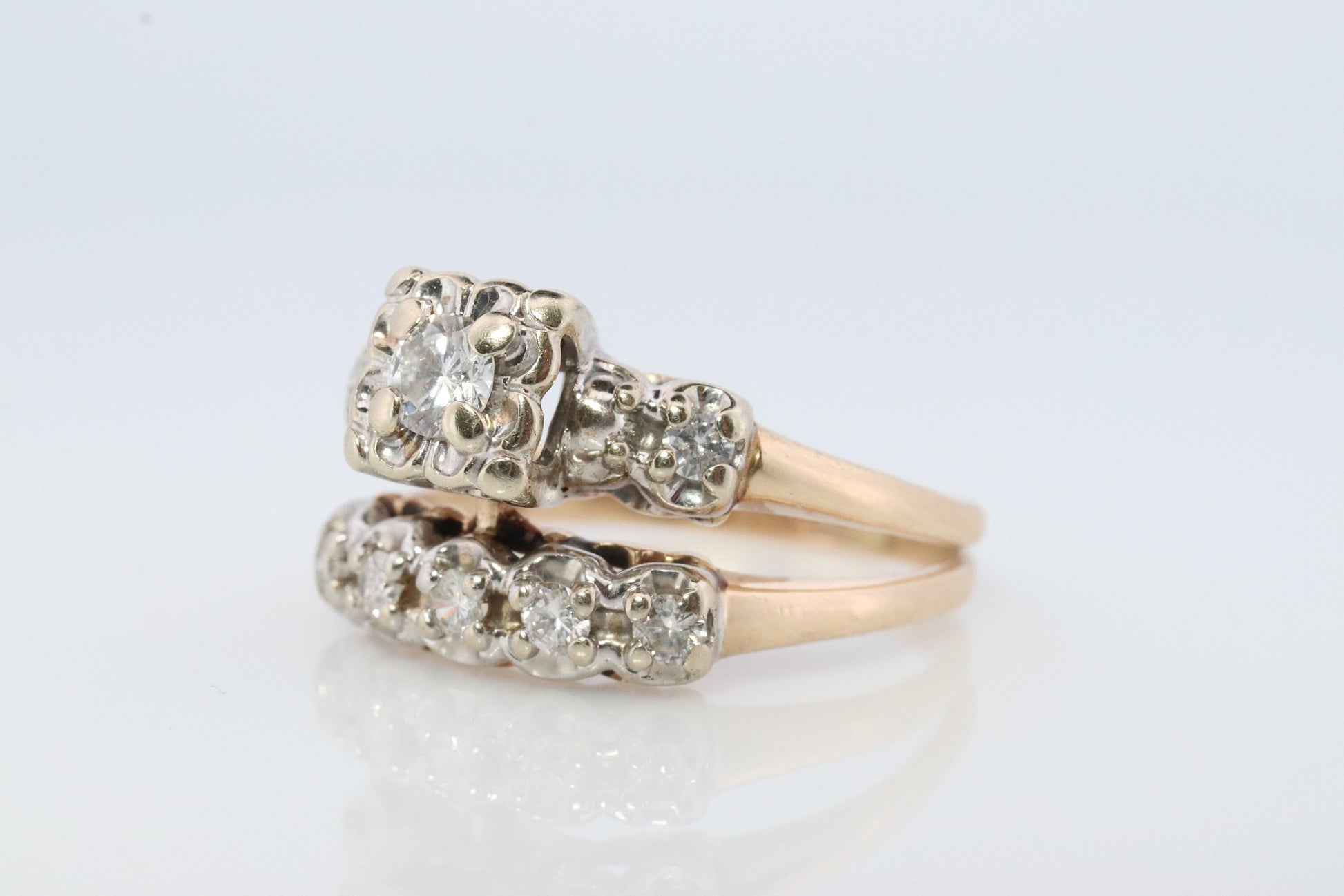 Vintage Art Deco Engagement Ring Set. 1950s. 14k Yellow and White Gold Diamond Wedding and Engagement Ring Set. #1059